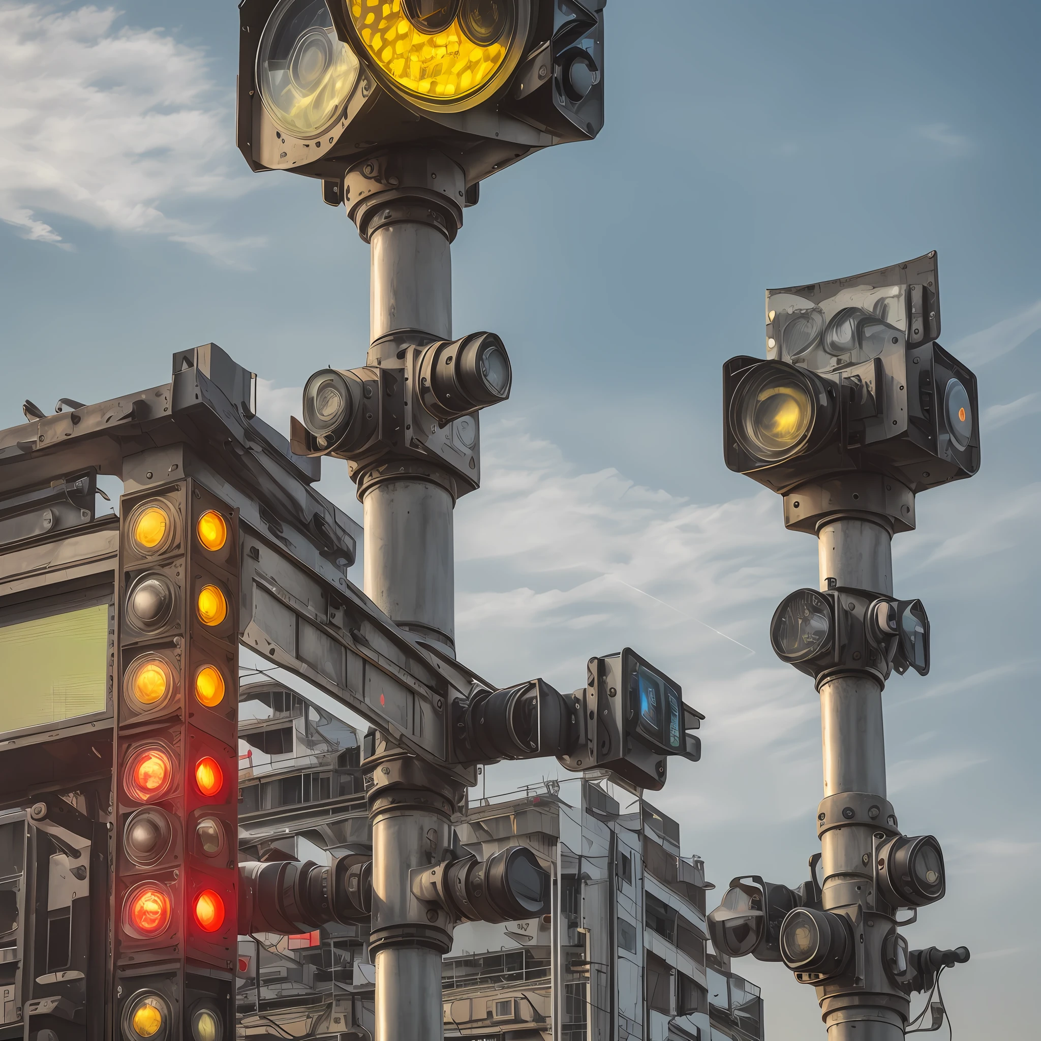 a close up one robotic traffic lights that are on a pole, (masterpiece), (best quality),photorealistic, 8k raw photo, ultra high res, robot, glowing jiqinvhai, huge robot, mechanics, mechanical parts, robot joint --auto --s2