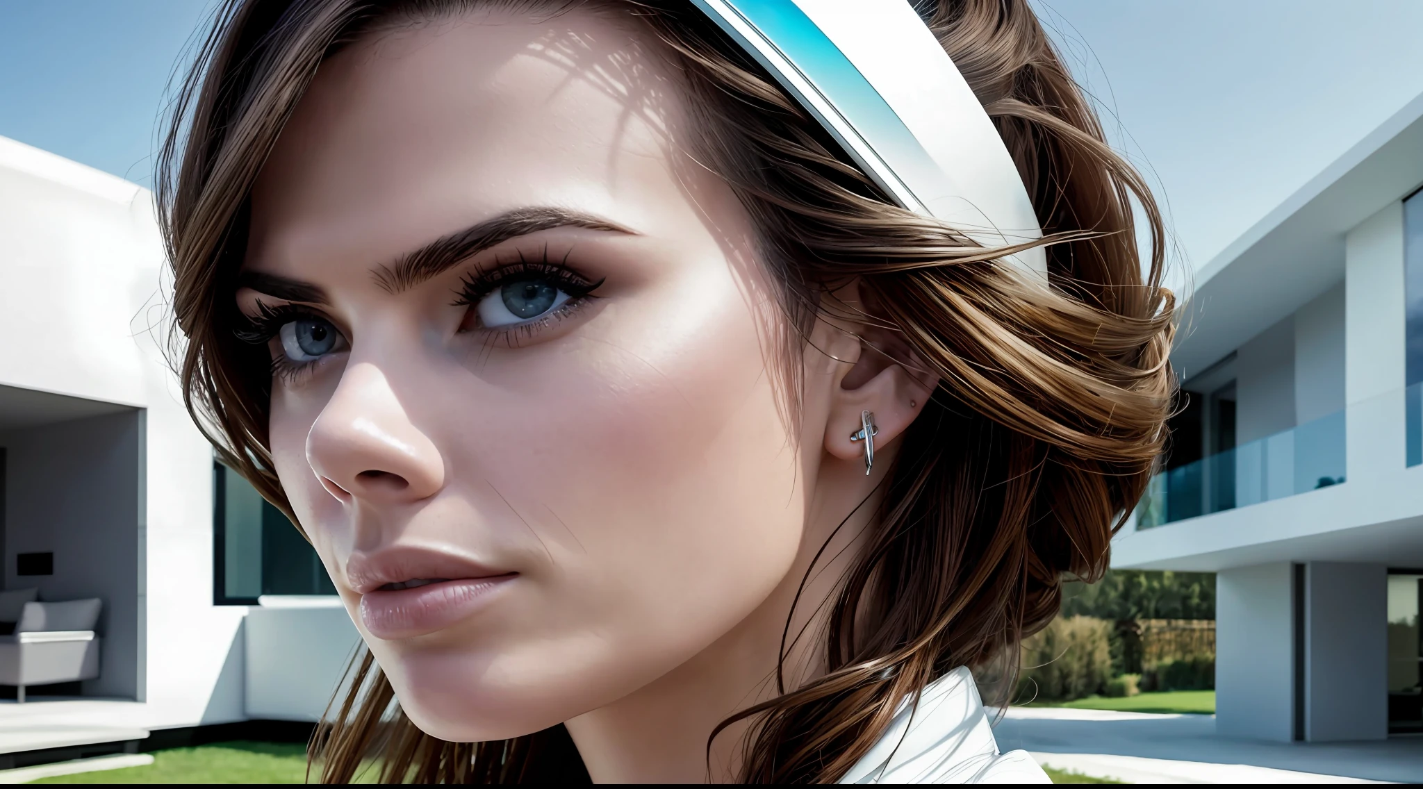 environmental wide angle shot of futuristic house, action shot, stylish clothing, cracked porcelain skin, brunette woman, close-up Hayley Atwell, vibrant, photorealistic, realistic, dramatic, dark, sharp focus, 8k