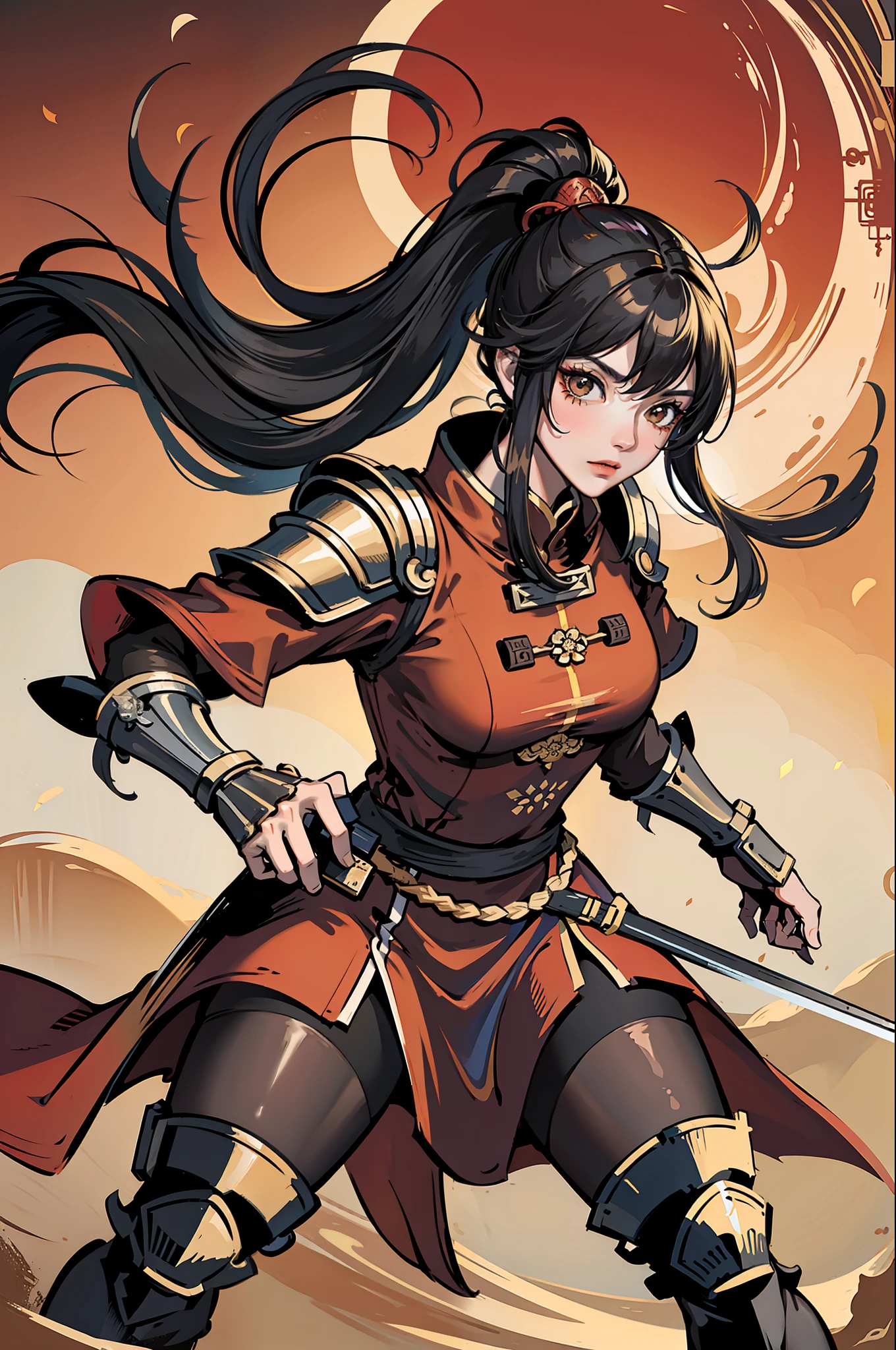 Chinese style, ancient battlefield, an ancient Chinese female general, holding a sword in her hand, grim expression, full body, amazing facial features, red robe, armor, boots, yellow sand in the sky, fleeing crowd, firelight, game model, stunning lighting, C4D, OC rendering, cinematic edge light, delicate light, masterpiece, super detailed, epic composition, super HD, high quality, highest quality, 32k