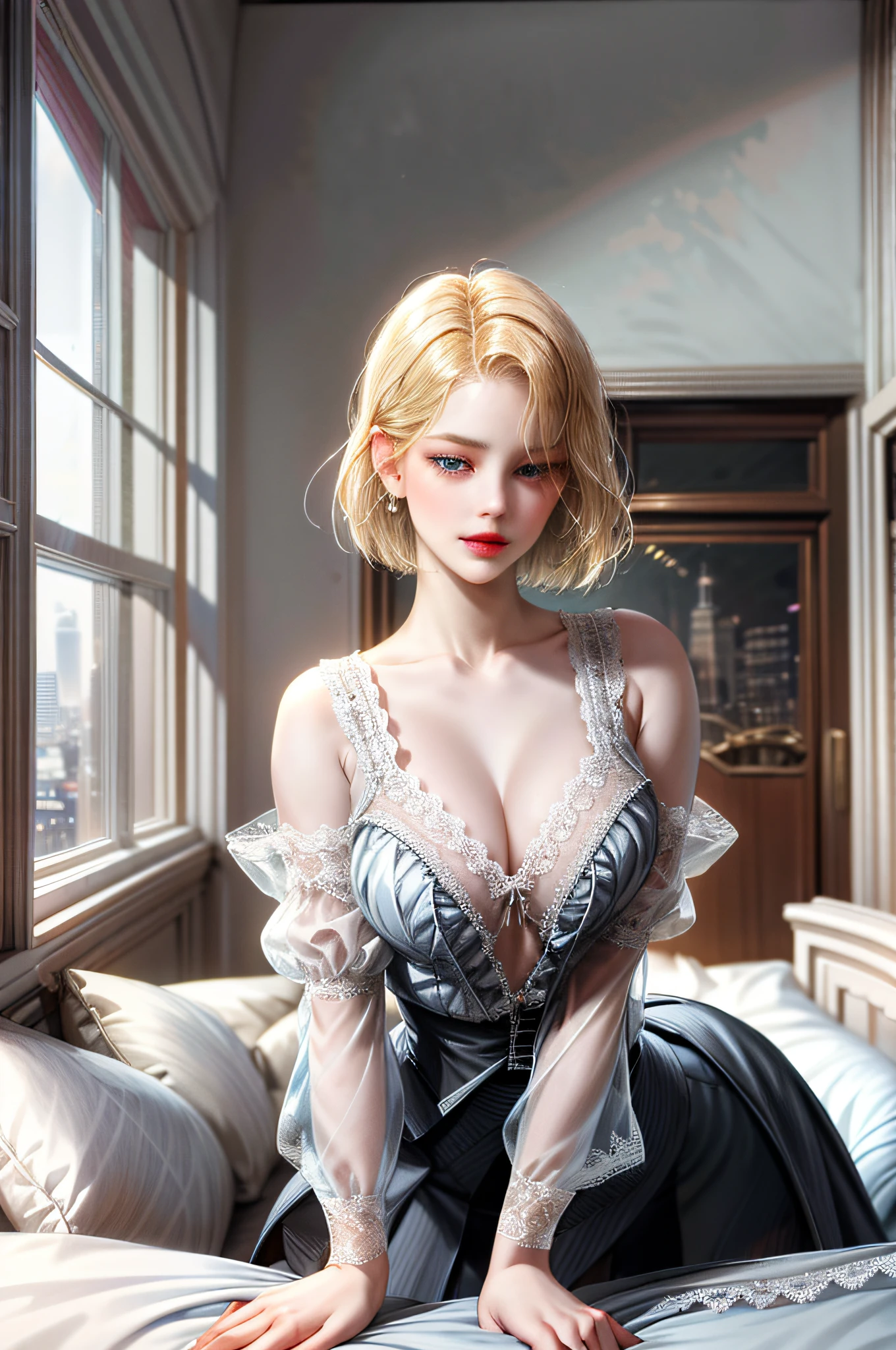 Aristocratic young woman, blonde, blue-eyed girl, short bob, carrier woman, urban skyscraper elevator, black suit, jacket front open, cleavage braless, mini flared skirt slit, ((lace white underwear flicker)), beautiful, thin, underwear bite, butt sticking out, on all fours, buttocks facing this side, hair short bob female, (( White sheer blouse)), no bra, underwear bite, sexy pose, lower body slender, behind the woman there are windows showing various buildings in the city (absurdity, high resolution, super detail), ((no resistance on the bed))
