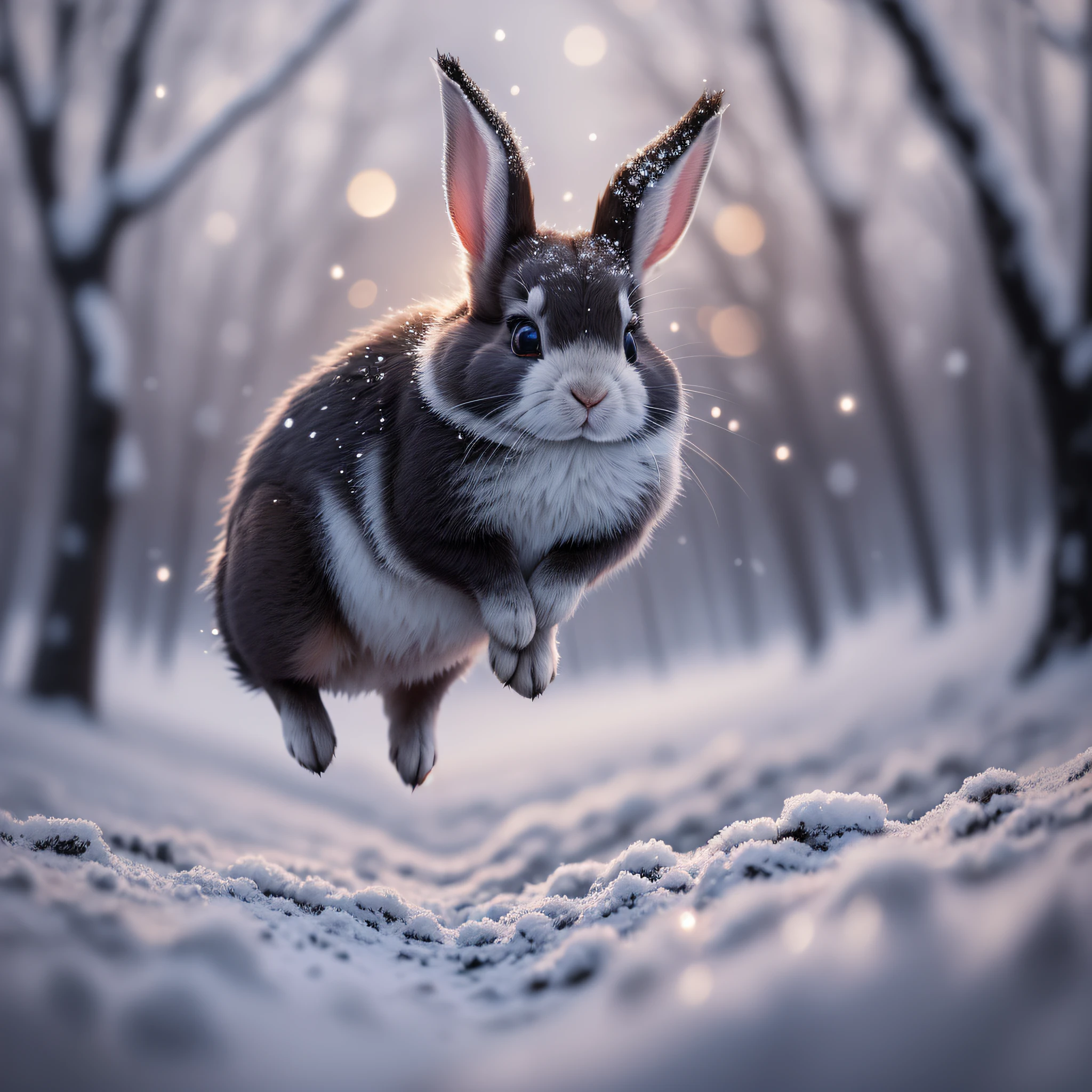 Black, Cute, Close Up Photo of a Rabbit, Jump, Blurred Foreground, Winter, Snowflakes, Breathtaking, Realism, Masterpiece, Volumetric Light, Backlight, Sunlight, Glow, Color Soft, Low Saturation, Hairy, Firefly, Volumetric Fog, Glow, Bloom, Center, Rule of Thirds, 200mm 1.4F Macro Shot