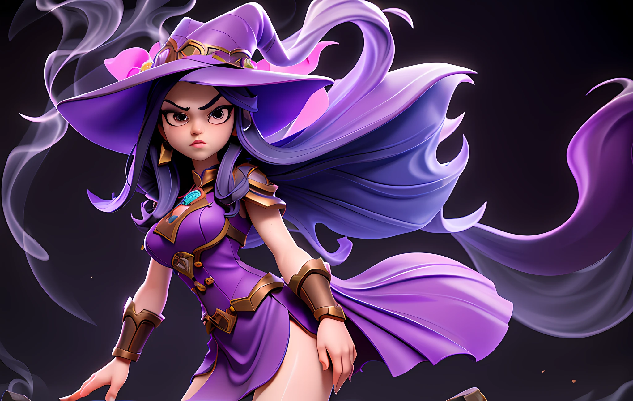 Morgan from League of Legends, masterfully illustrated, extremely detailed, quality beyond praise. Gentle and beautiful Morgana, posing in a dynamic pose in a wonderful high resolution, beautiful face, against a background of purple mist, witch, without a hat, dark surroundings of smoke, purple tight-fitting dress,