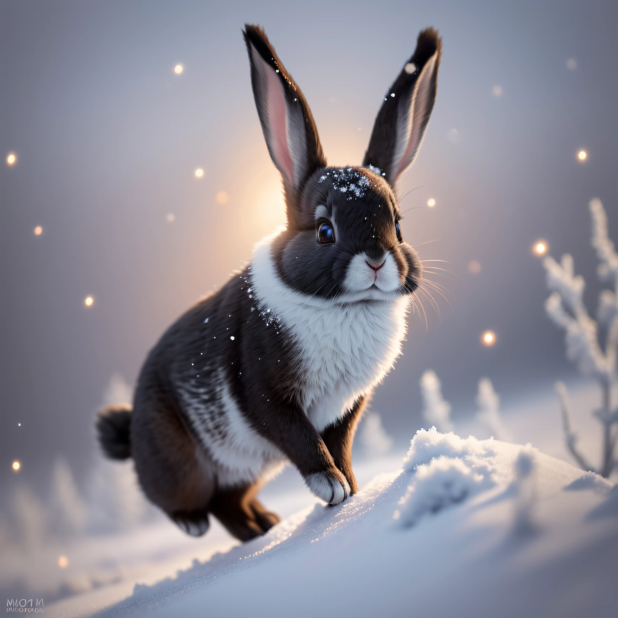 Black, Cute, Close Up Photo of a Rabbit, Jump, Blurred Foreground, Winter, Snowflakes, Breathtaking, Realism, Masterpiece, Volumetric Light, Backlight, Sunlight, Glow, Color Soft, Low Saturation, Hairy, Firefly, Volumetric Fog, Glow, Bloom, Center, Rule of Thirds, 200mm 1.4F Macro Shot