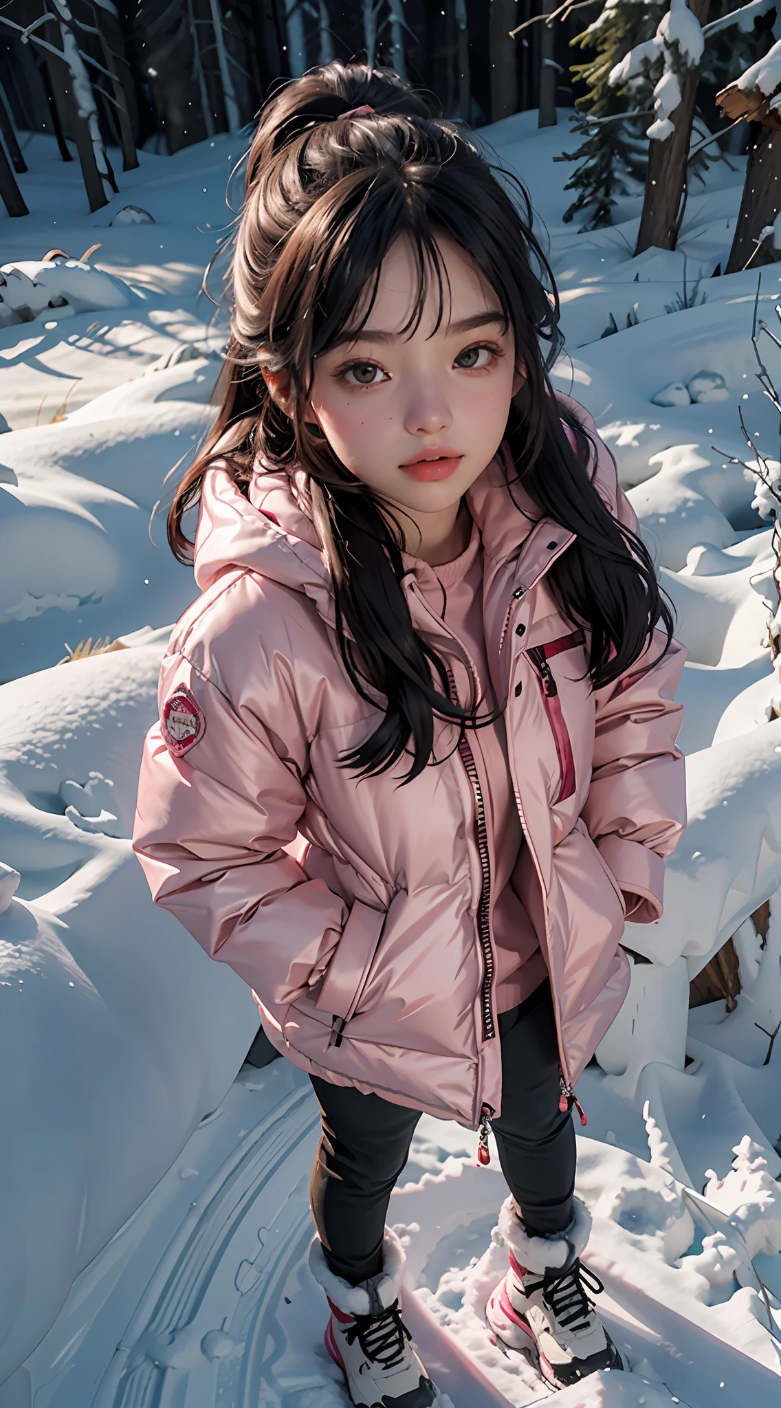 Masterpiece level, best image quality, ultra-sharp resolution, realistic details (fidelity: 1.4) CG work, 1 girl, winter snow, (pink long down jacket: 1.6), (a little rosy face: 1.2), long black hair, black eyes, hands in pockets, looking at the audience affectionately, a few snowflakes in the sky, clear winter, full body photo, 14 year old girl