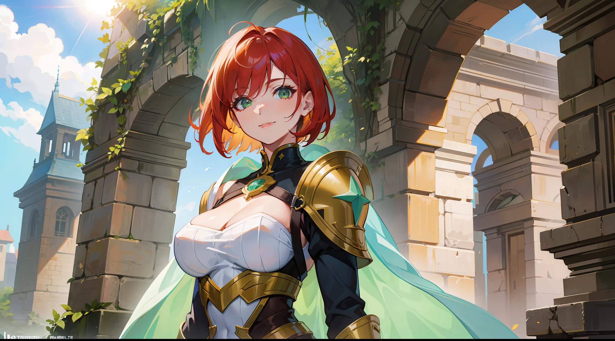 a girl, warrior, redhead, short hair, bright green eyes, beautiful breasts, hair between eyes, bangs, full body, confident, heroic posture, smiling, fantasy, medieval, rays of sun