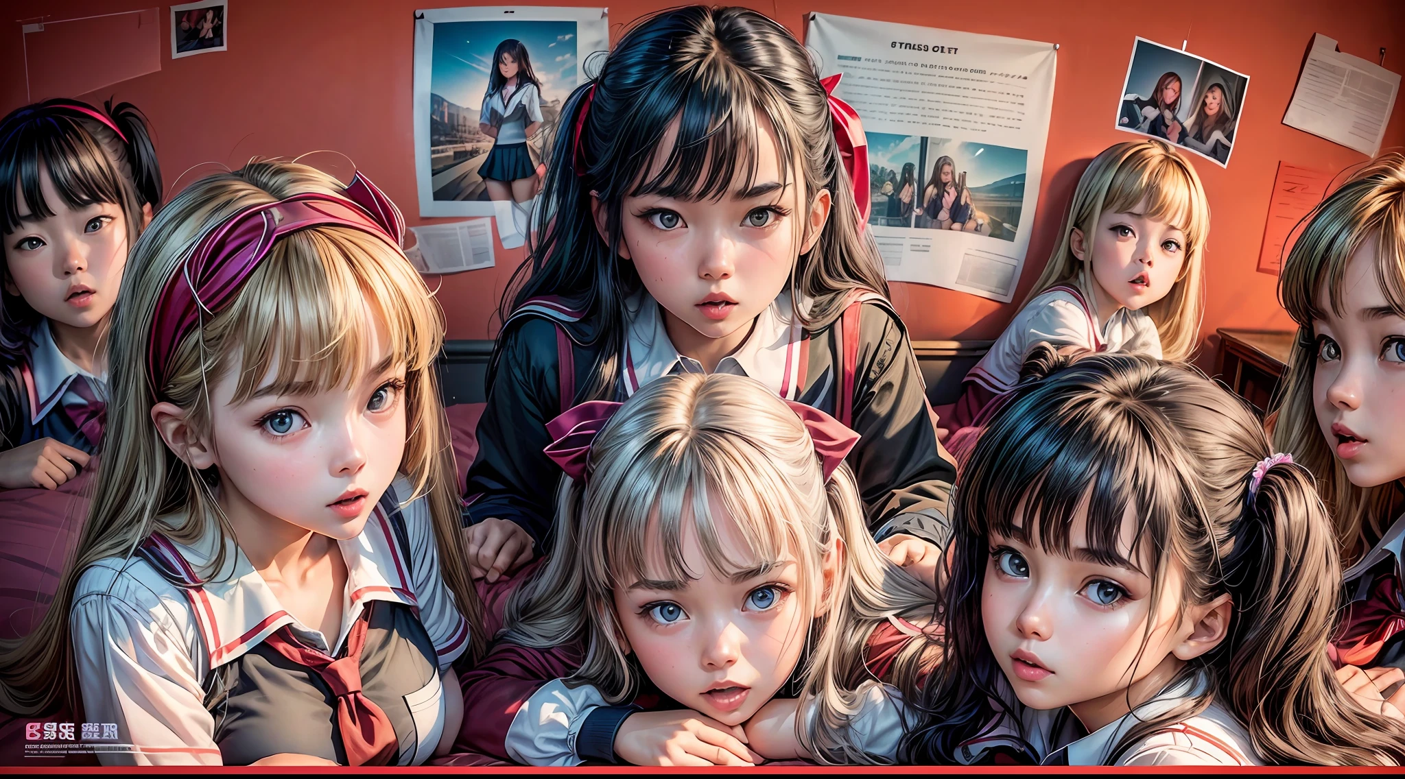a poster of a movie, ((6 girls)), wear sexy school uniform, lying on the bed, different poses, mischievous look, from above, ((ultra wide camera,  far shot))