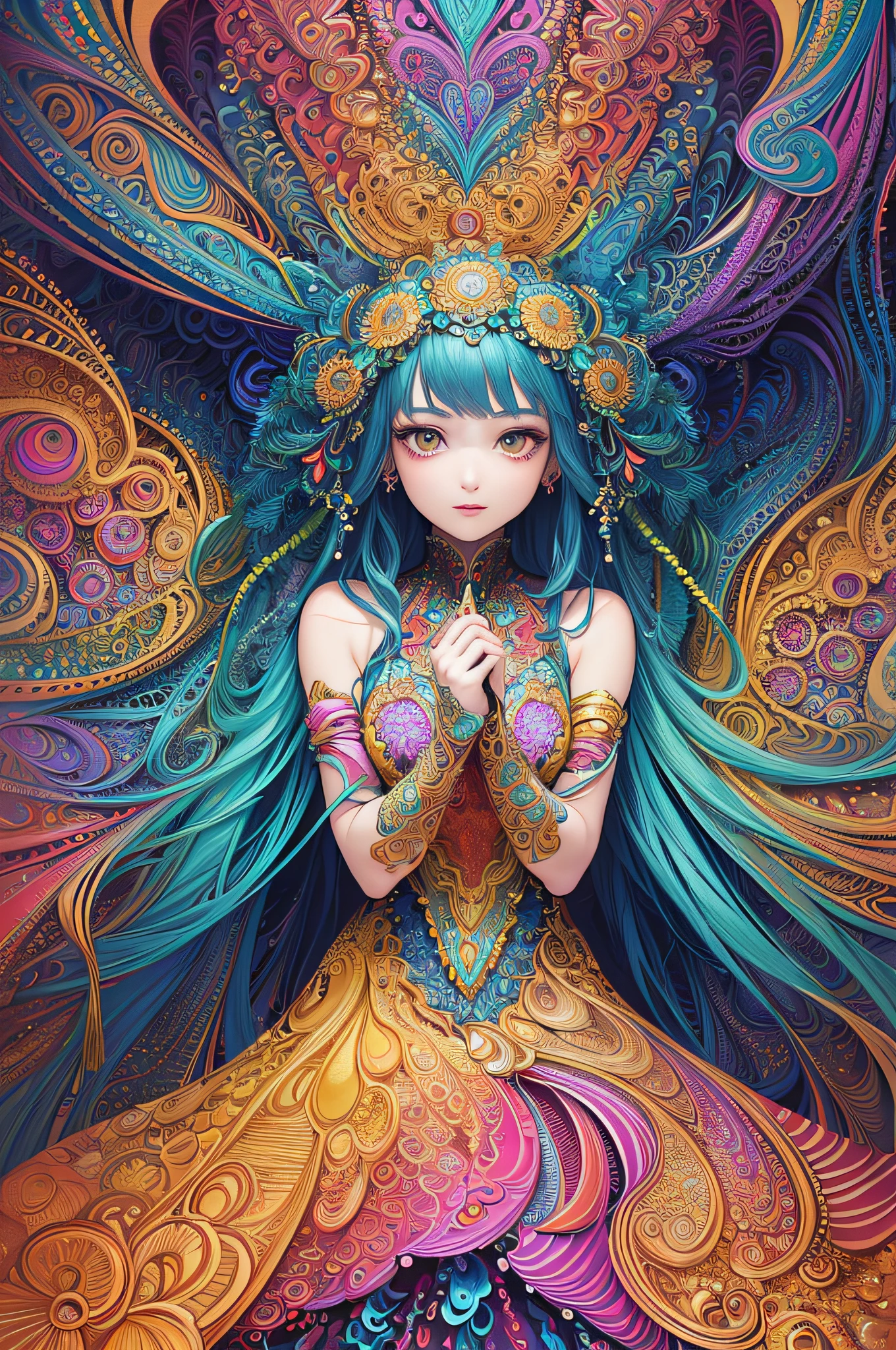 (masterpiece, top quality, best quality, official art, beautiful and aesthetic:1.2), (1girl:1.3), extremely detailed,(fractal art:1.2),colorful,highest detailed,(zentangle:1.2), (dynamic pose), (abstract background:1.5), (treditional dress:1.2), (shiny skin), (many colors:1.4), upper body