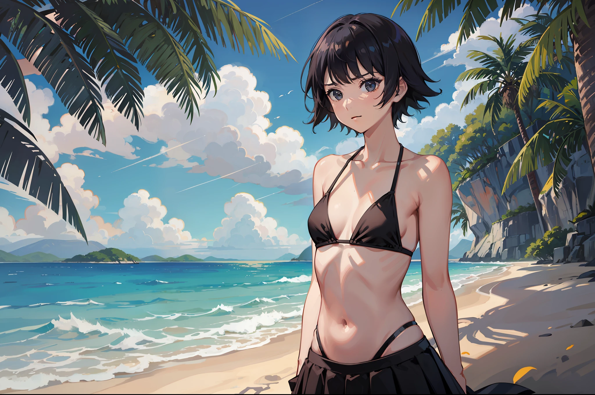 bare shoulders, bare arms, bikini bra, skirts, behind the sea, (small breasts), 1girl, closed mouth, expressionless, short hair, pelvic bone, (shadow), lighting, black hair, navel, armpits, wave, beach, (sideways), (standing)