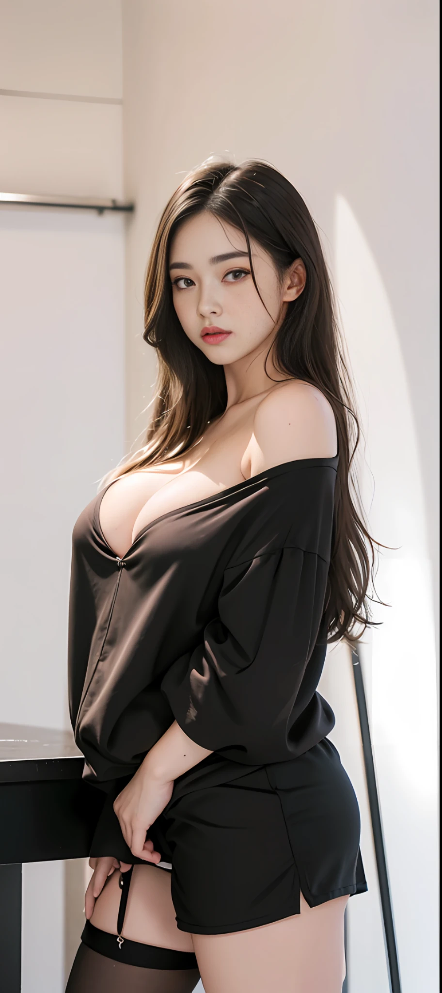(Masterpiece, realistic, high resolution), (1 girl): 1.2), Korean, ((white wavy hair): 1.3), (heterochromic eyes: 1.1, thick eyebrows, small moles under the eyes), (miniskirt, blush sports shorts), ((huge breasts): 1.2, thighs), on the water, cleavage, back: 1.5, big ass,