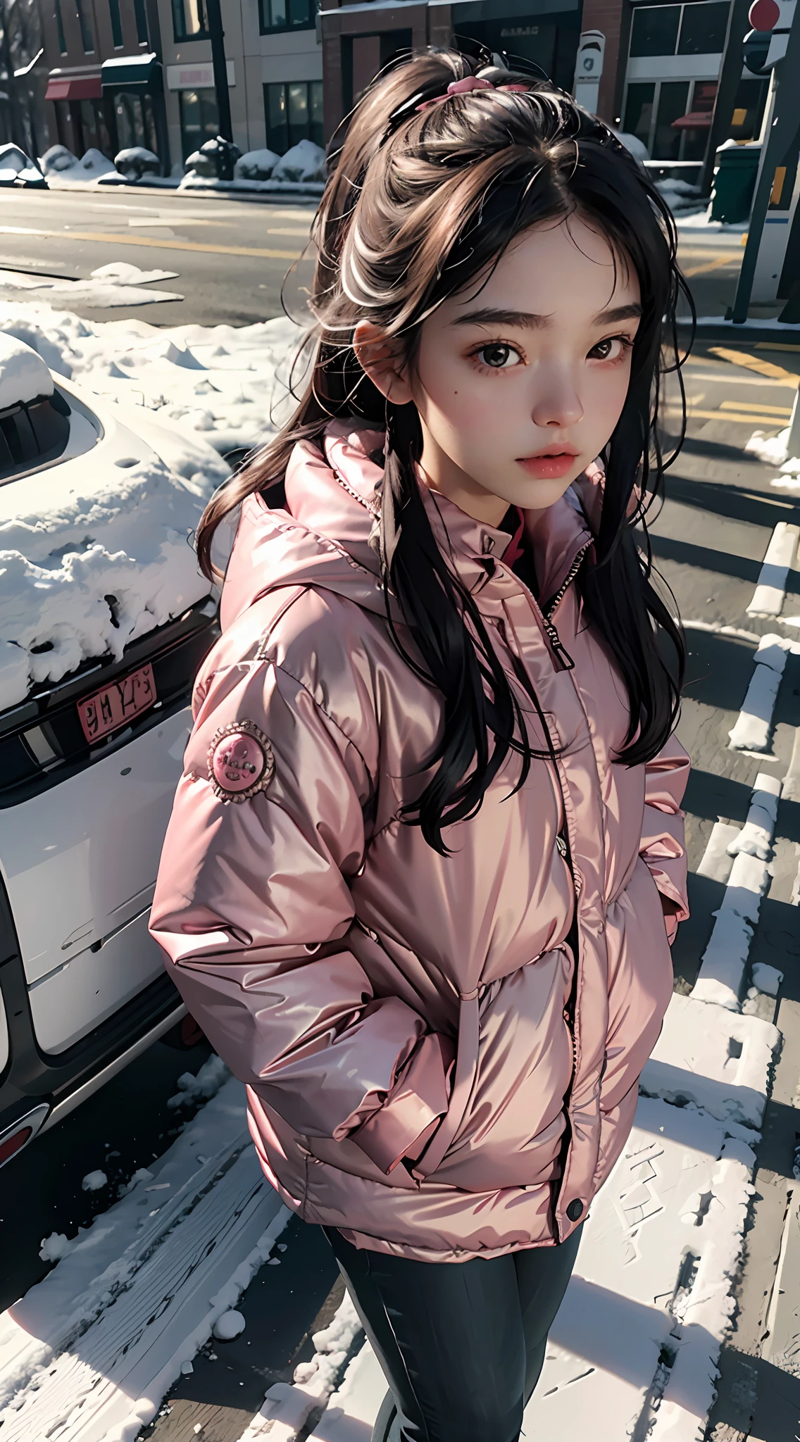 Masterpiece level, best image quality, ultra-sharp resolution, realistic details (fidelity: 1.4) CG work, 1 girl, winter snow, (pink long down jacket: 1.6), (a little rosy face: 1.2), long black hair, black eyes, hands in pockets, looking at the audience affectionately, a few snowflakes in the sky, clear winter, full body photo,  girl