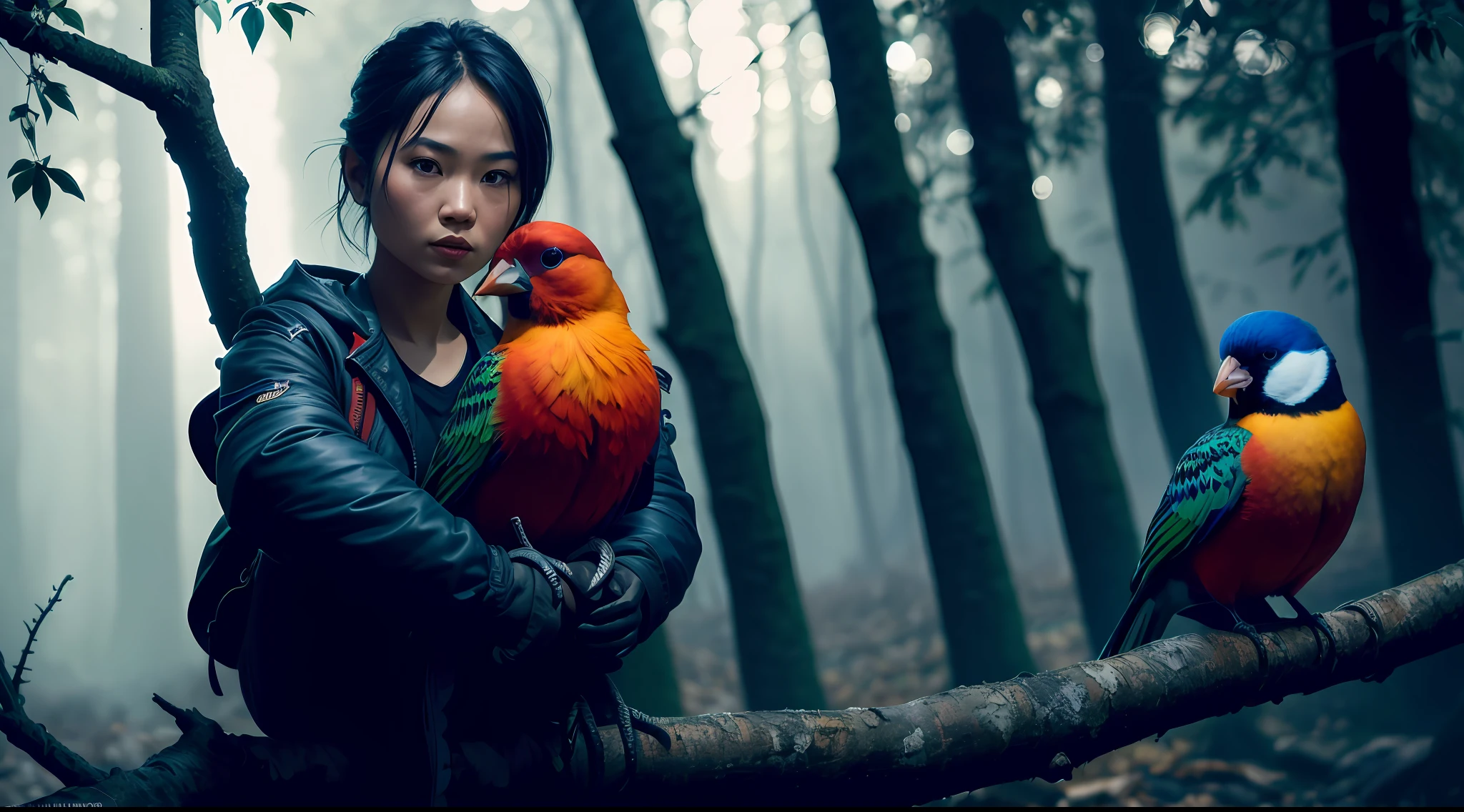 Young Thai woman, (((colorful bird sitting on a branch, dark mysterious forest, dramatic lighting, dark photo, night))),, best quality, ultra high res, (photorealistic:1.4),, high resolution, detailed, raw photo, sharp re, by lee jeffries nikon d850 film stock photograph 4 kodak portra 400 camera f1.6 lens rich colors hyper realistic lifelike texture dramatic lighting unrealengine trending on artstation cinestill 800,, photorealistic, photo, masterpiece, realistic, realism, photorealism, high contrast, photorealistic digital art trending on Artstation 8k HD high definition detailed realistic, detailed, skin texture, hyper detailed, realistic skin texture, armature