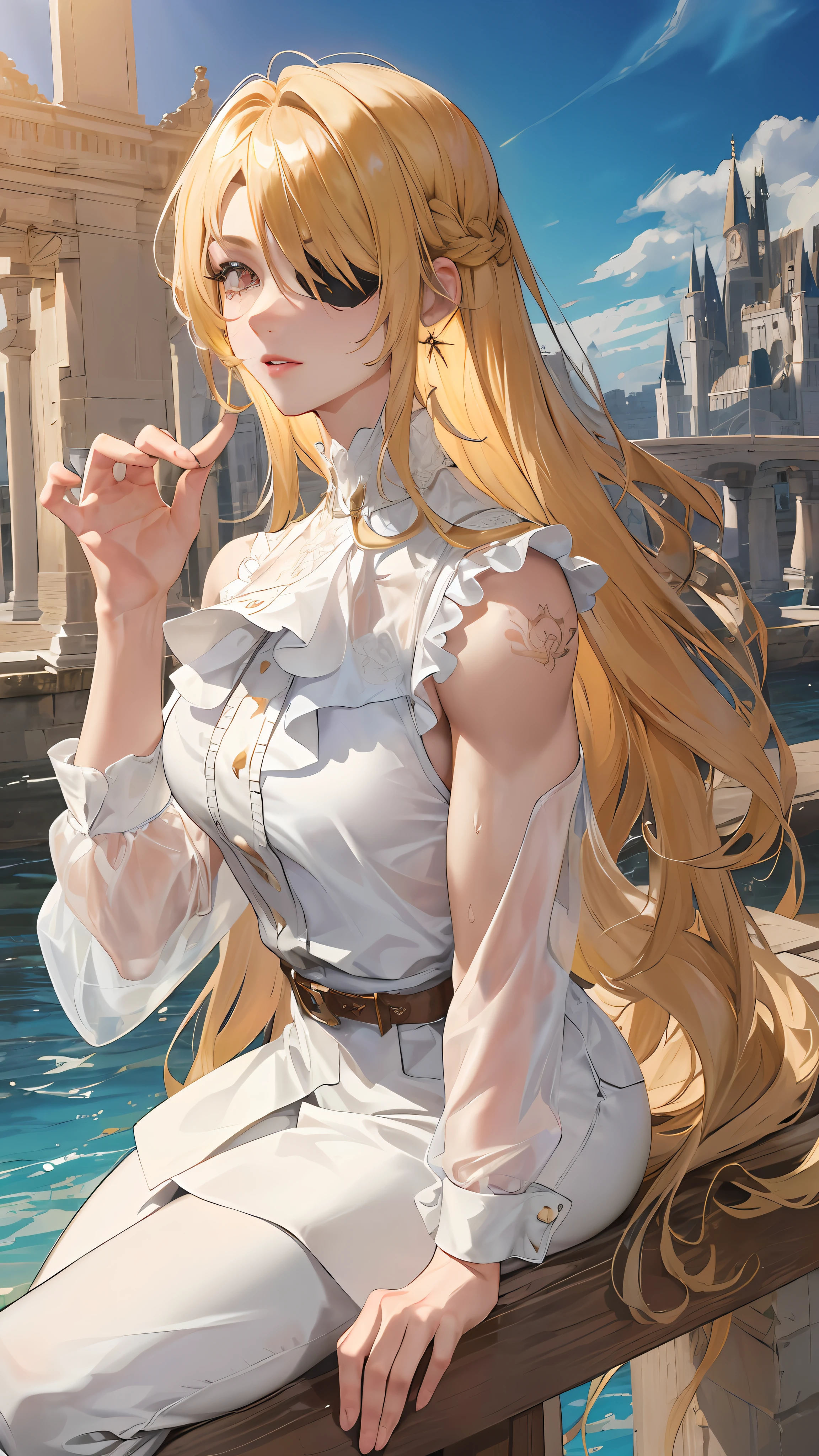 man, masculine, attractive, muscular, ((1man)), masterpiece, absurdres, best quality ,intricate details , (shiny skin, shiny body, shiny oily luster skin, shiny hair, pale skintone), old castle, Sundown, attractive, ((muscular)), adult, one eye patch, tattoo ,white blouse, earrings, brown pants, Don't look at the view , Not looking at the view, blonde very long hair, perfect detailed face, perfect detailed hands