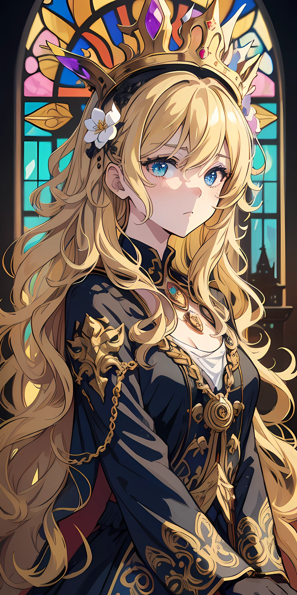 ((masterpiece)), (((best quality))), ((ultra-detailed)), ((illustration)), ((disheveled wavy golden hair)),god, crown, Black nuptial dress，long black gloves，silk cloth, ( 1 girl  ), (solo),  dynamic angle, style:dark golden color, floating, fluttered detailed splashs, beautiful detailed church, beautiful detailed  glass window in a Gothic church,beautiful detailed eyes, expressionless, overexposure,hairs between eyes,white ribbons，golden_amulet_necklace, black shoulder  cape, (((small breast))), detailed  flowers clothes, blank stare,scifi hair ornaments of star, royal sister,close to viewer