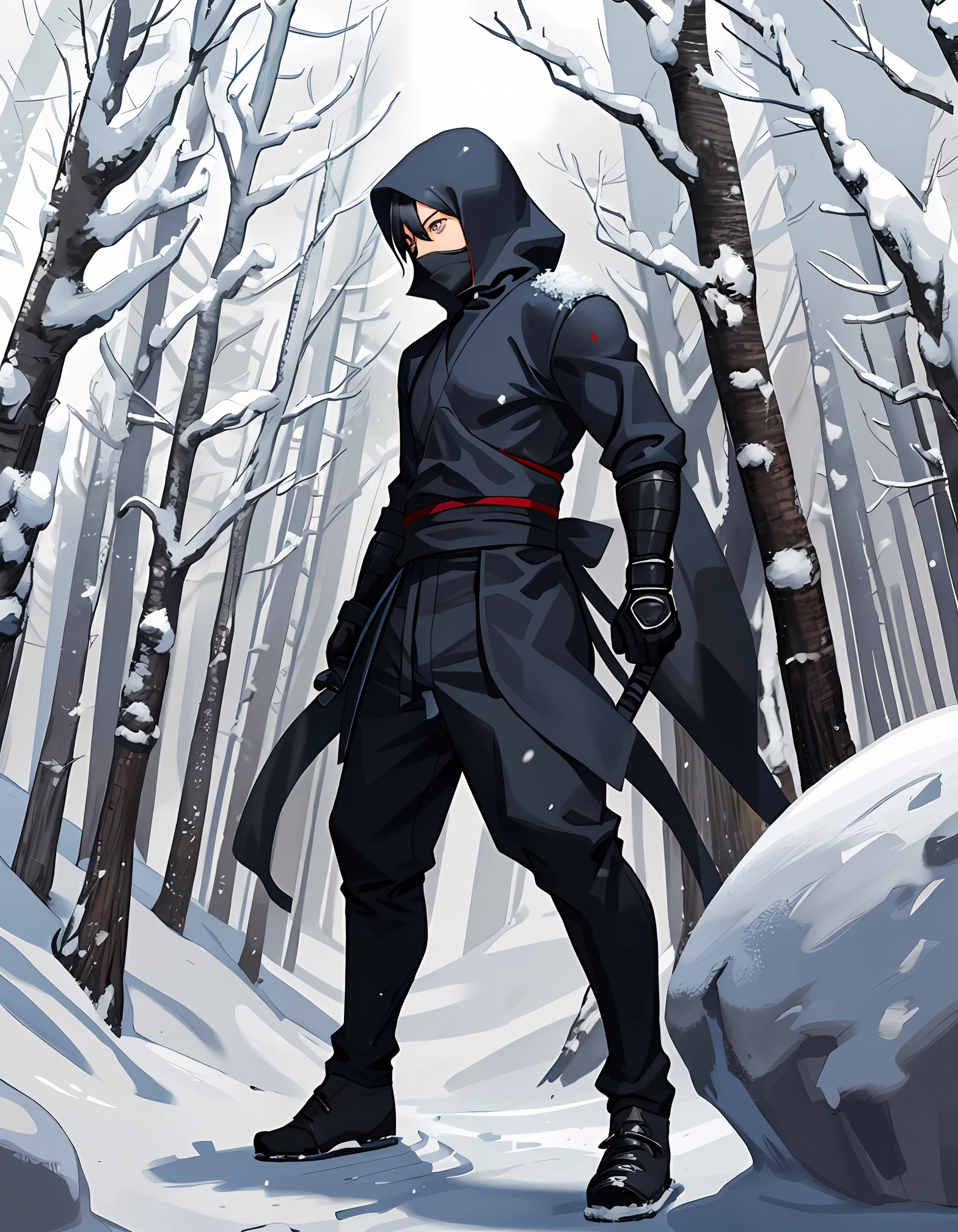 A ninja in a snowing forest