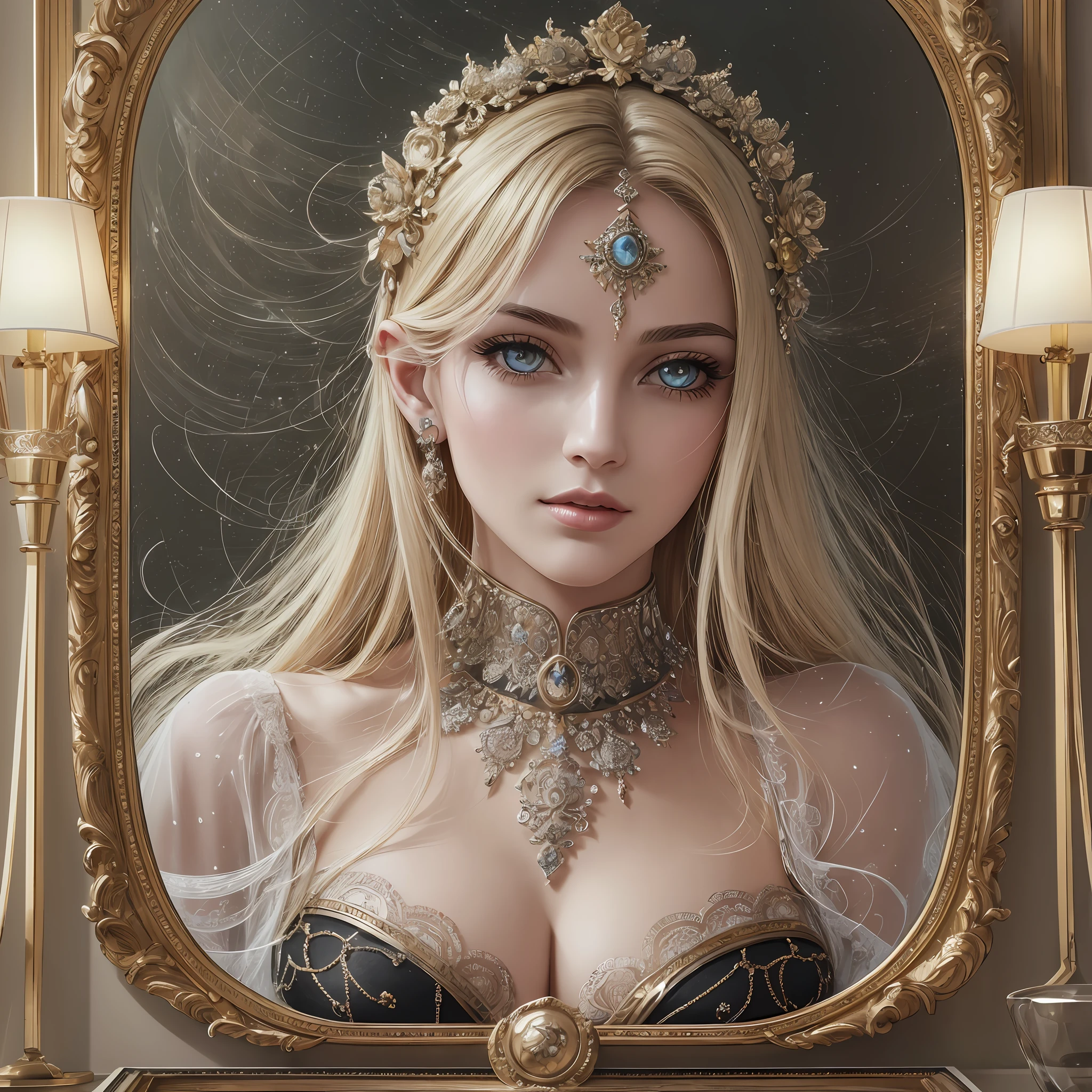 Heavy metal aesthetics have come out of the mirror. Animated works by Conrad Rose and Lemios Varro. Oil on canvas, intricate, realistic, elaborate caricatures, very detailed, 4k, high definition, clear quality, very pretty, dreamy, ethereal, dreamy, delightful, messageic, eye-catching, very stylish, lovely, award-winning, wonderful, wonderful, charming, captivating, ultra-detailed, artistic, rough textures and brushstrokes, lively, HDR, high definition, clear quality, very stylish, cool, trendy, amazing, ethereal, tantalizing, lovely, sensual, delightful, lovely, very attractive, award-winning, Perfect face, seductive, majestic, sharp focus. --auto --s2