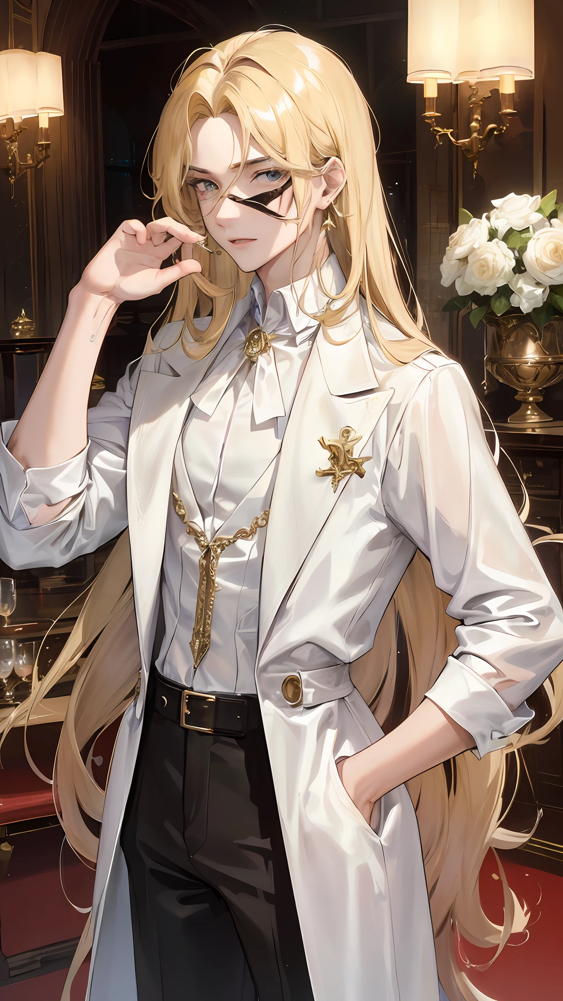 man, masculine, attractive, muscular, ((1man)), masterpiece, absurdres, best quality ,intricate details , (shiny skin, shiny body, shiny oily luster skin, shiny hair, pale skintone), old castle, Sundown, attractive, ((muscular)), adult, one eye patch, tattoo ,white blouse, earrings, brown pants, Don't look at the view , Not looking at the view, blonde very long hair, perfect detailed face, perfect detailed hands