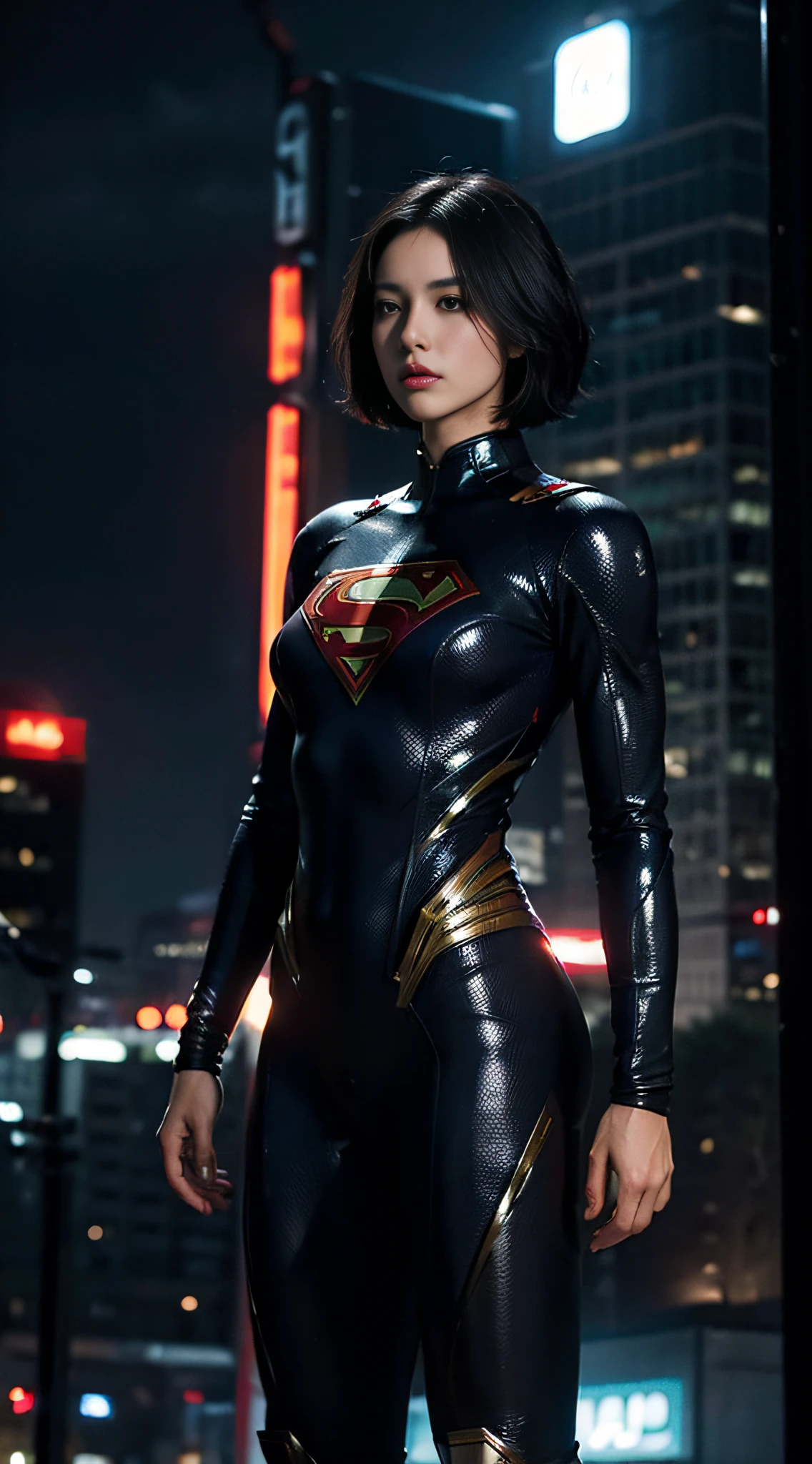 best quality, masterpiece, (photorealistic:2), ultra high resolution, highly detailed, ultra realistic, 1girl, supergirl suit, superman logo, black hair, short hair, slim body, full shot, standing pose, from below, looking at viewer, night, city, rain, cyberpunk vibes, dark scene, dark atmosphere, light neon, mist, cloudy, lightning, detailed background