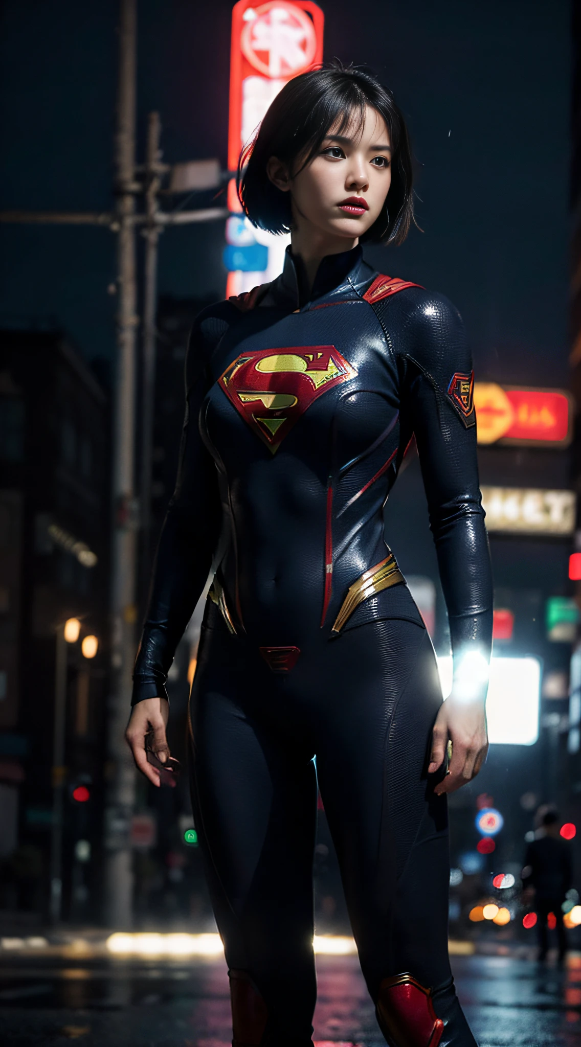 best quality, masterpiece, (photorealistic:2), ultra high resolution, highly detailed, ultra realistic, 1girl, supergirl suit, superman logo, black hair, short hair, slim body, full shot, standing pose, from below, looking at viewer, night, city, rain, cyberpunk vibes, dark scene, dark atmosphere, light neon, mist, cloudy, lightning, detailed background