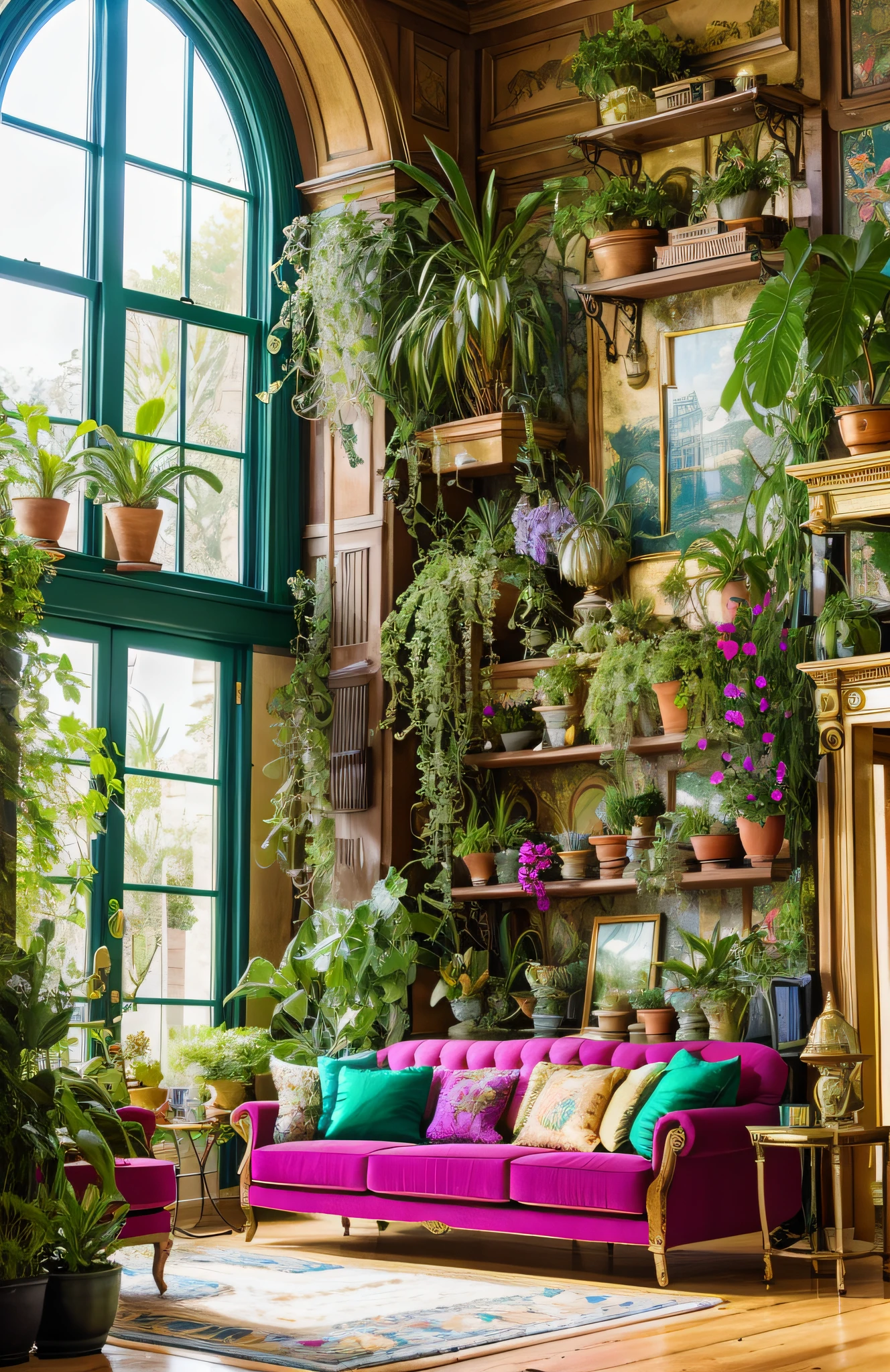 Architectural Digest photo of a maximalist green {vaporwave/steampunk/solarpunk} living room with lots of flowers and plants, golden light, hyperrealistic surrealism, award winning masterpiece with incredible details, epic stunning