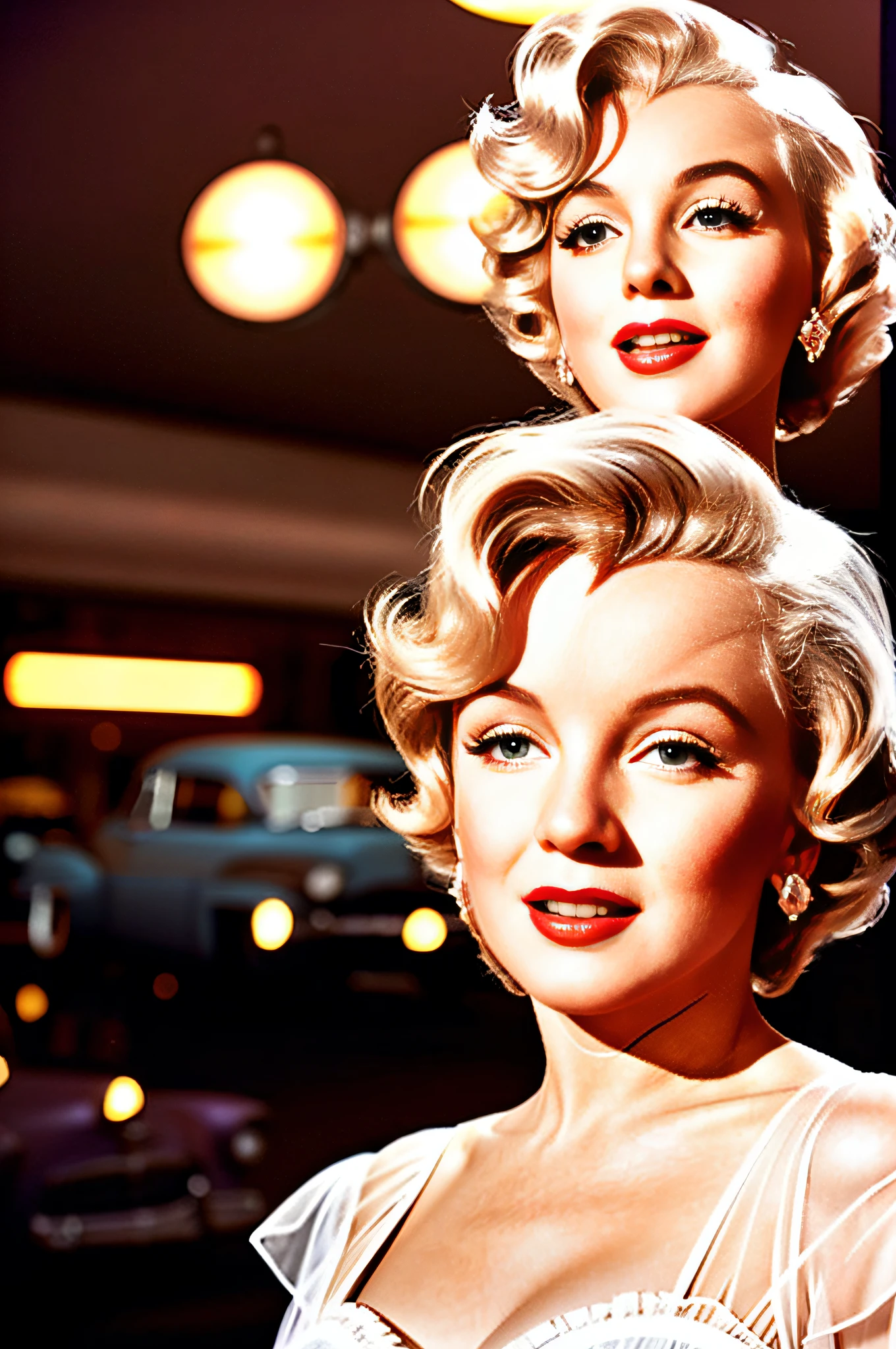 Marylin Monroe dressed in a 1950s-inspired dress, complete with a full skirt and petticoat, her hair combed into classic pin curls. She should be sitting in an old-fashioned diner, surrounded by vintage details like a jukebox, chrome accents and neon signs. Your eyes should be glowing with excitement, your skin flawless and glowing under the soft, dramatic lighting. This scene should be captured on 35mm film, with a beautiful depth of field and a slightly blurry, nostalgic background,
Filmg, pink cadillac in background