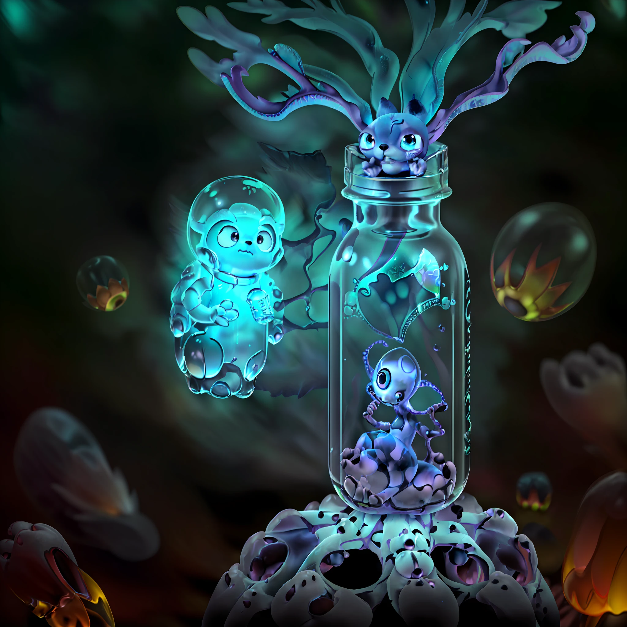 (a miniature creature with many paws in a bottle:1.4), (a detailed and high-quality CG Unity 8k image, masterpiece quality, art illustration), (macro photography), (creature is detailed and attractive, with wings, big sad eyes and glowing spots), in a dark and deep forest, with a mystical atmosphere and night lighting, (no humans:1.5), (no human:1.5), (no people:1.5)