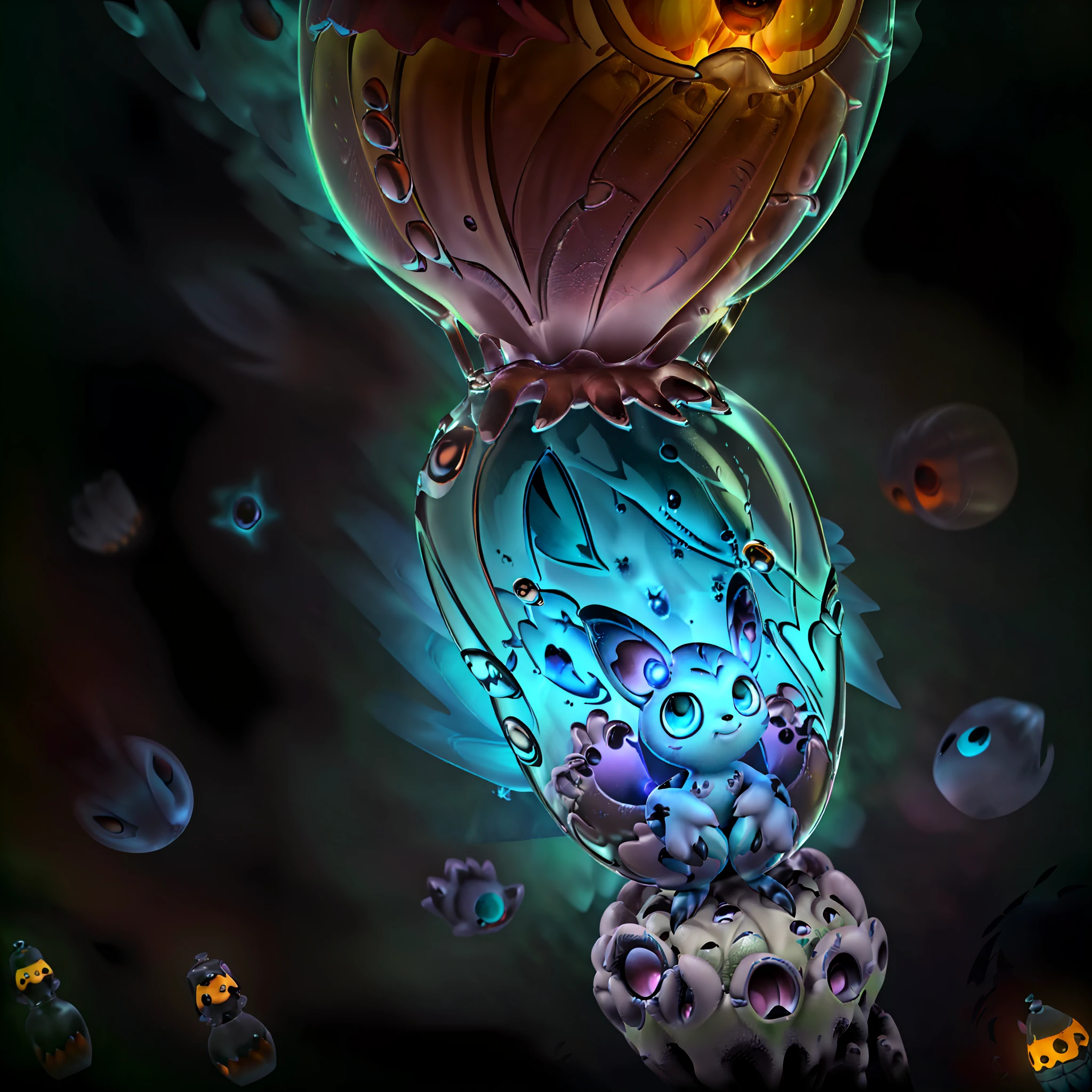(a miniature creature with many paws in a bottle:1.4), (a detailed and high-quality CG Unity 8k image, masterpiece quality, art illustration), (macro photography), (creature is detailed and attractive, with wings, big sad eyes and glowing spots), in a dark and deep forest, with a mystical atmosphere and night lighting, (no humans:1.5), (no human:1.5), (no people:1.5)