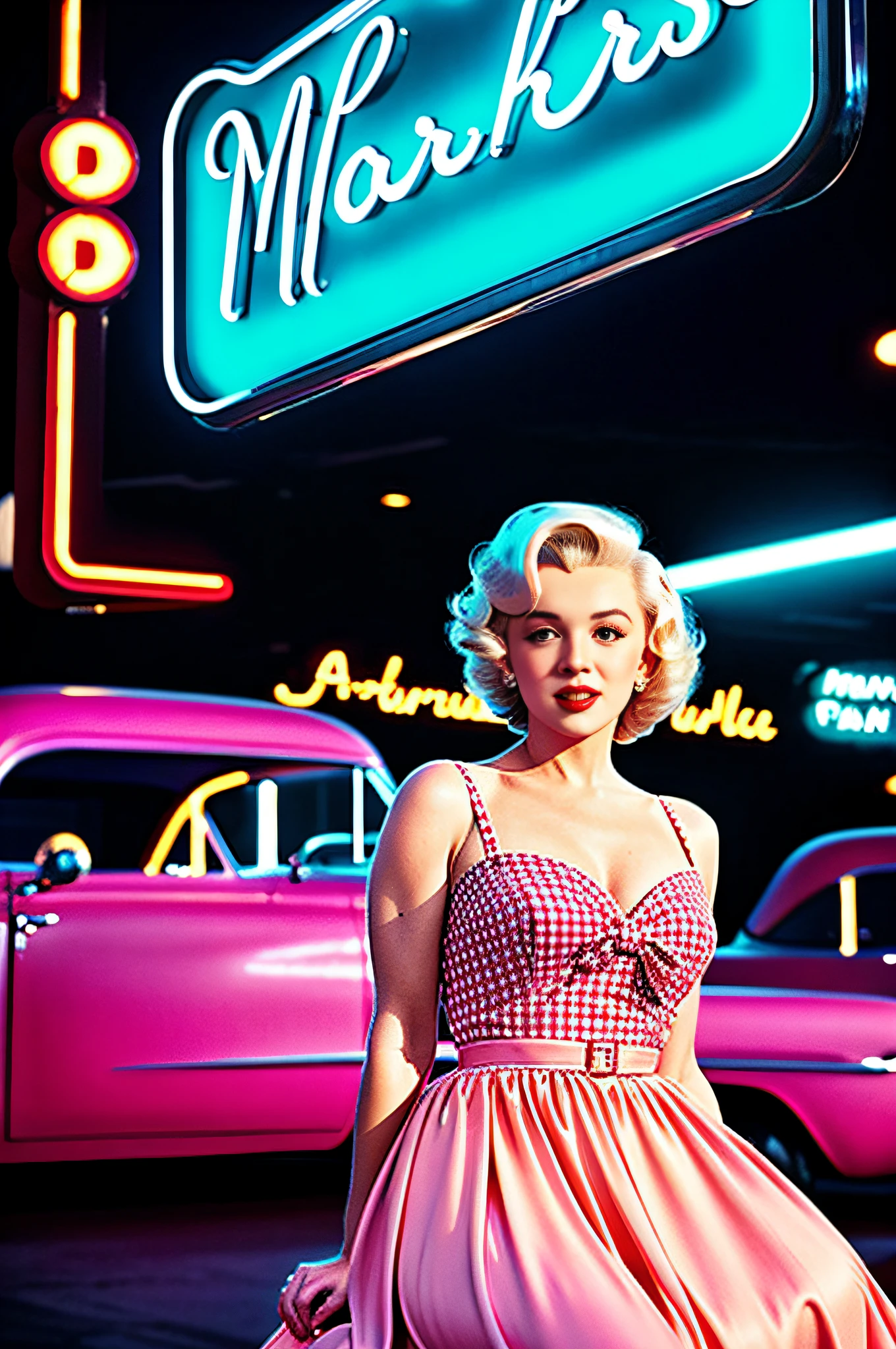 Marylin Monroe dressed in a 1950s-inspired dress, complete with a full skirt and petticoat, her hair combed into classic pin curls. She should be sitting in an old-fashioned diner, surrounded by vintage details like a jukebox, chrome accents and neon signs. Your eyes should be glowing with excitement, your skin flawless and glowing under the soft, dramatic lighting. This scene should be captured on 35mm film, with a beautiful depth of field and a slightly blurry, nostalgic background,
Filmg, pink cadillac in background