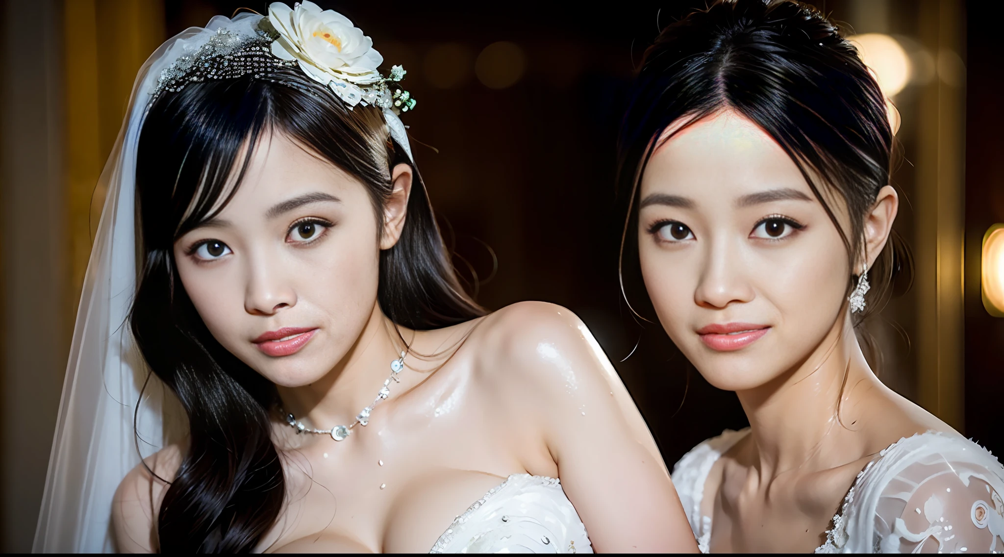 Realistic, Cosplay, Black Eyes, Black Hair, Smile, ((Top Quality, 8k, Masterpiece: 1.3)), Clear Focus: 1.2, (Layer Cut, Big: 1.2), Perfect Figure Beauties: 1.4, Thin Abs: 1.2, Wet Body: 1.5, Highly Detailed Face and Skin Texture, Detailed Eyes, Double Eyelids, Bride Costume, Wedding, Solo