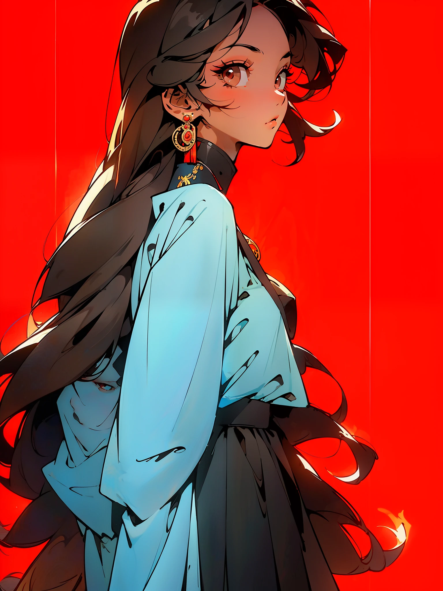 masterpiece, flat color, black hair, 1girl, looking at viewer, long hair, solo, jewelry, ancient art, chinese,