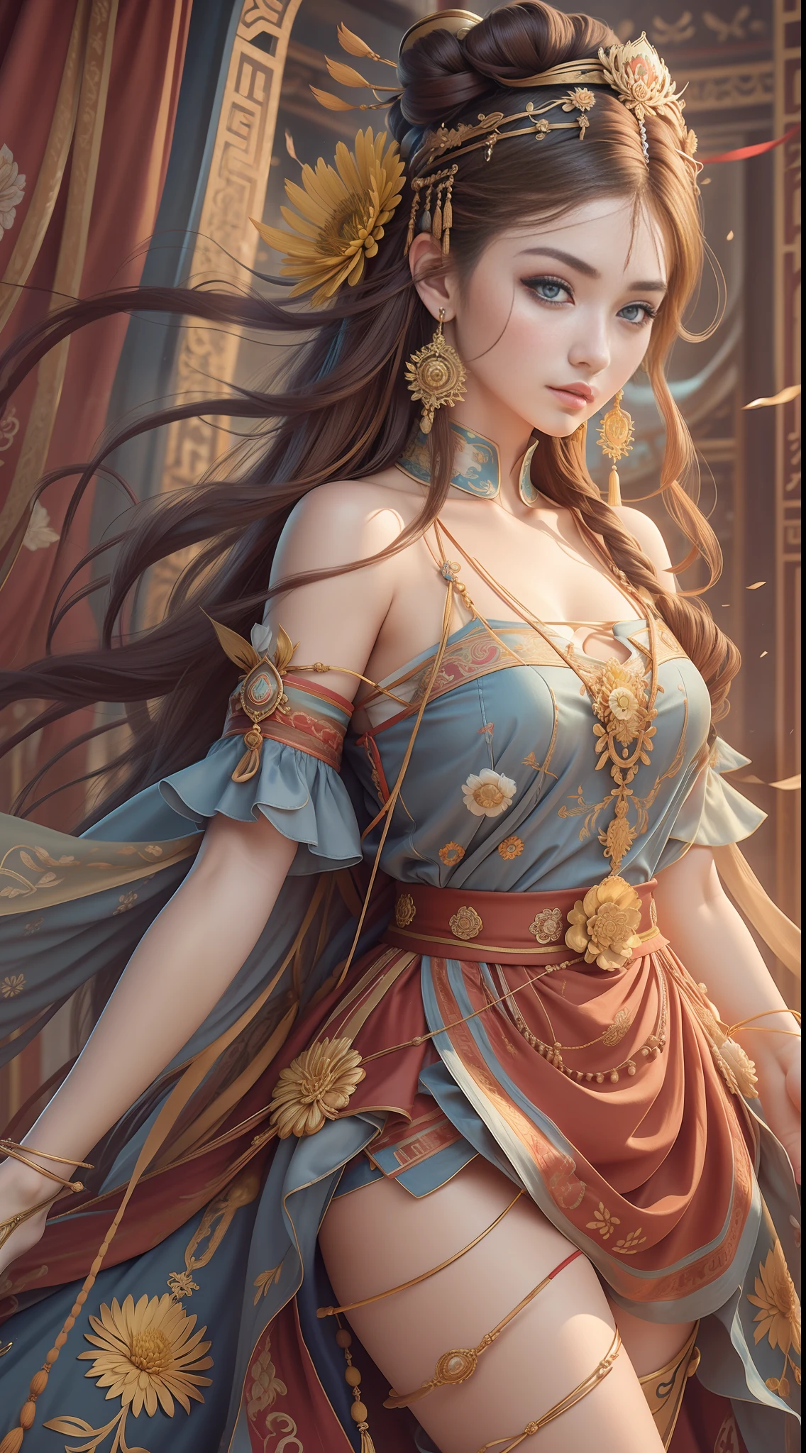 Best Quality, Masterpiece, Ultra-Detailed High Resolution, (Realistic: 1.4), Original Photo, , Illustration, 1 Girl, Handheld Weapon, (Solo Exhibition: 1.2), (Denim Lens: 1.2), (Hair Crown: 1.2), Chinese Dunhuang Traditional Costume, No Straps, (Red Eyeliner: 1.2), (Black Eyes: 1.4), Earrings, Dynamic Angle, Opera House, messy_long_hair, Ink, Movie Lights, lens_flare, Velvet, Chrysanthemum, Tassels, Ribbon, colorful embroidery, upper body, facing the camera, dynamic pose, large chest, embroidered cloth shoes