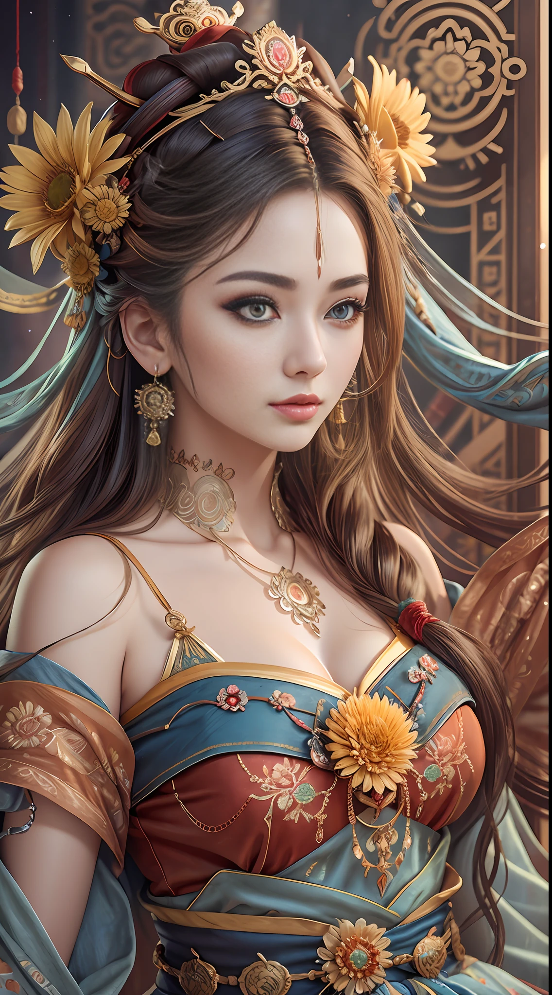 Best Quality, Masterpiece, Ultra-Detailed High Resolution, (Realistic: 1.4), Original Photo, , Illustration, 1 Girl, Handheld Weapon, (Solo Exhibition: 1.2), (Denim Lens: 1.2), (Hair Crown: 1.2), Chinese Dunhuang Traditional Costume, No Straps, (Red Eyeliner: 1.2), (Black Eyes: 1.4), Earrings, Dynamic Angle, Opera House, messy_long_hair, Ink, Movie Lights, lens_flare, Velvet, Chrysanthemum, Tassels, Ribbon, colorful embroidery, upper body, facing the camera, dynamic pose, large chest, embroidered cloth shoes
