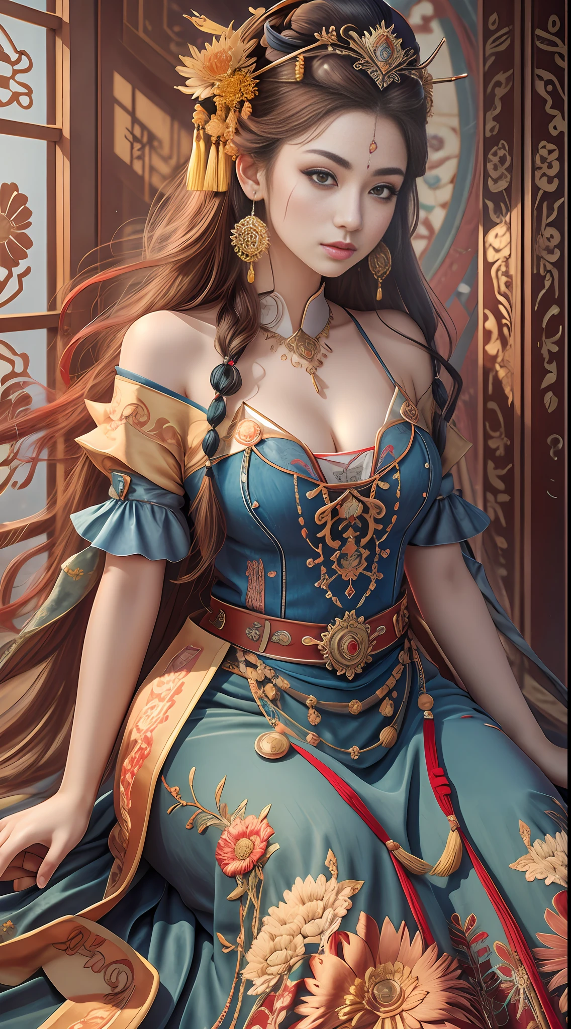 Best Quality, Masterpiece, Ultra-Detailed High Resolution, (Realistic: 1.4), Original Photo, , Illustration, 1 Girl, Handheld Weapon, (Solo Exhibition: 1.2), (Denim Lens: 1.2), (Hair Crown: 1.2), Chinese Dunhuang Traditional Costume, No Straps, (Red Eyeliner: 1.2), (Black Eyes: 1.4), Earrings, Dynamic Angle, Opera House, messy_long_hair, Ink, Movie Lights, lens_flare, Velvet, Chrysanthemum, Tassels, Ribbon, colorful embroidery, upper body, facing the camera, dynamic pose, large chest, embroidered cloth shoes