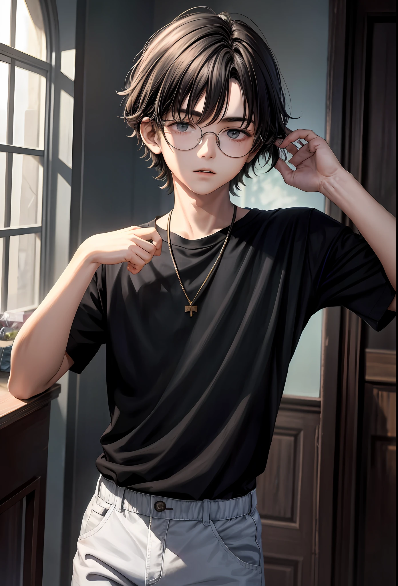 masterpiece, 1boy, male, 17 years old, medium length hair, dark hair, rectangular glasses, shirt, school, upper body,