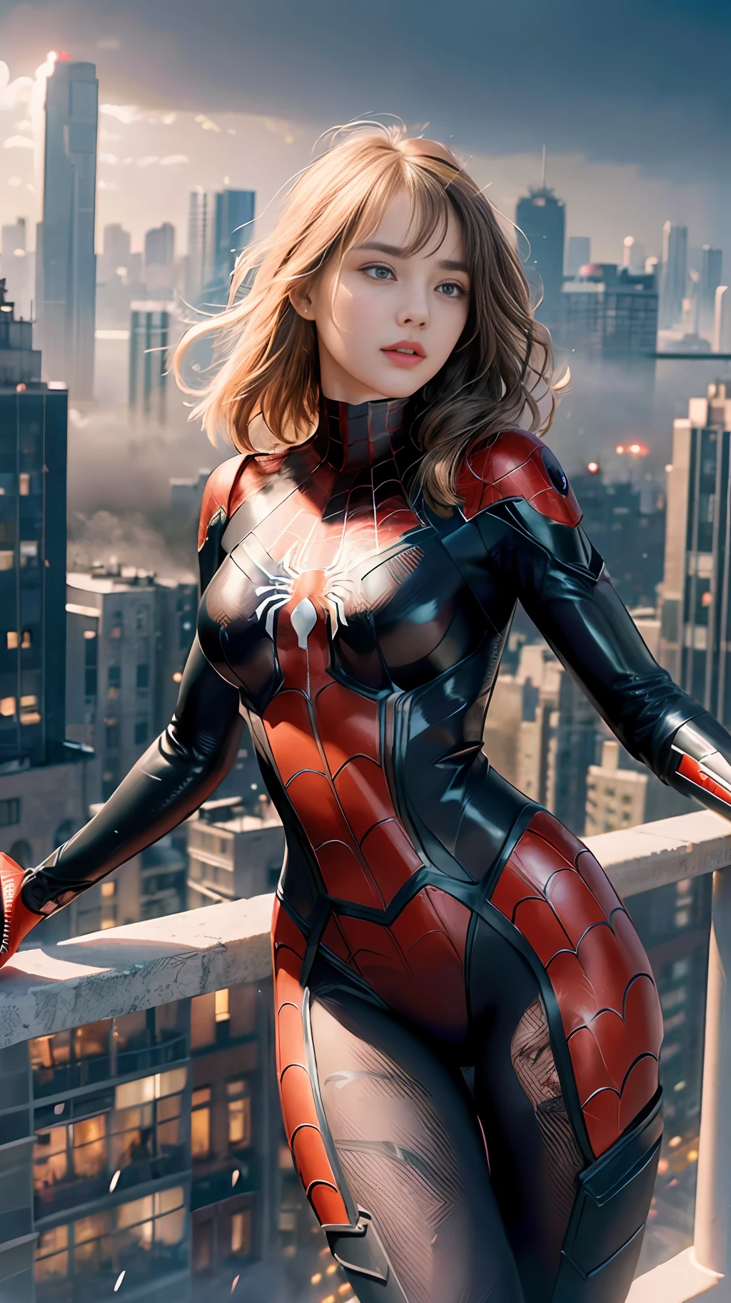 (1girl:1.3), Solo, (((Very detailed face)))), ((Very detailed eyes and face)))), Beautiful detail eyes, Body parts__, Official art, Unified 8k wallpaper, Super detailed, beautiful and beautiful, beautiful, masterpiece, best quality, original, masterpiece, super fine photo, best quality, super high resolution, realistic realism, sunlight, full body portrait, amazing beauty, dynamic pose, delicate face, vibrant eyes, (from the front), She wears Spider-Man suit, red and black color scheme, spider, very detailed city roof background, rooftop, overlooking the city, detailed face, detailed complex busy background, messy, gorgeous, milky white, highly detailed skin, realistic skin details, visible pores, clear focus, volumetric fog, 8k uhd, DSLR, high quality, film grain, fair skin, photo realism, lomography, futuristic dystopian megalopolis, translucent