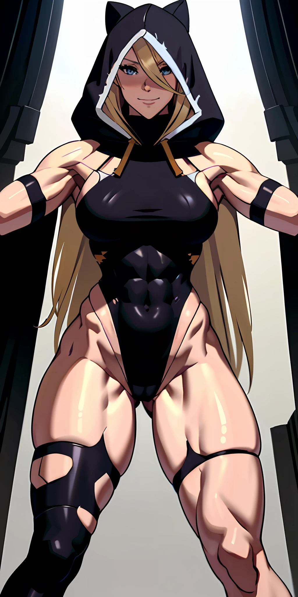 anime waifu bodybuilder, beautiful face, smiling face, perfect body, fit body, looking at the viewer, posing with strong arms, abdomen, large breasts, muscular, ((hair) long and blonde), ((clothing) white color tight swimsuit, torn), (torn cape at the tip covering the body of black color, and hood covering the head of black color), character A2,  (white and torn bandages on the arms and legs), image taken from below, focus on the legs, high quality