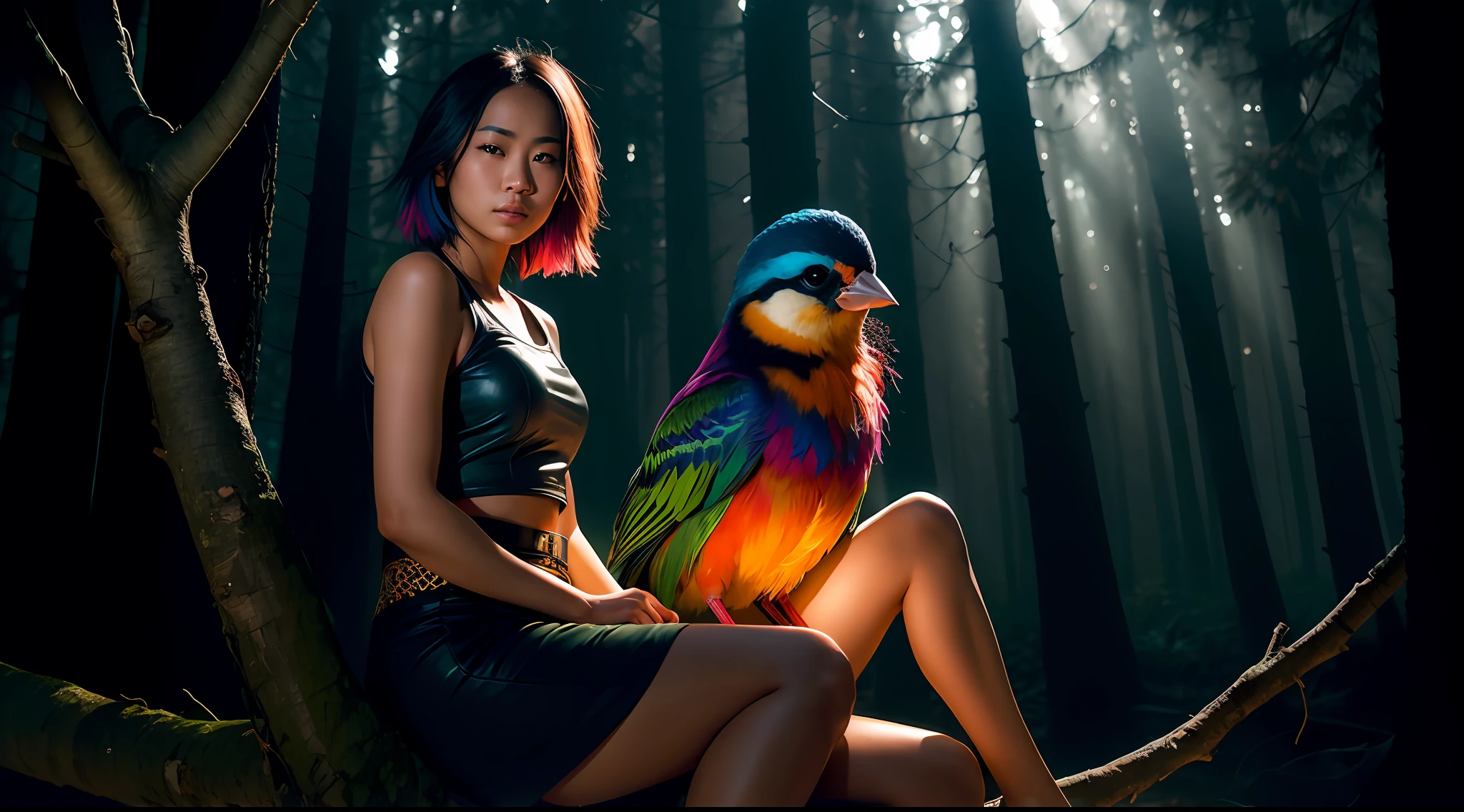 Young Thai woman, (((colorful bird sitting on a branch, dark mysterious forest, dramatic lighting, dark photo, night))),, best quality, ultra high res, (photorealistic:1.4),, high resolution, detailed, raw photo, sharp re, by lee jeffries nikon d850 film stock photograph 4 kodak portra 400 camera f1.6 lens rich colors hyper realistic lifelike texture dramatic lighting unrealengine trending on artstation cinestill 800,, photorealistic, photo, masterpiece, realistic, realism, photorealism, high contrast, photorealistic digital art trending on Artstation 8k HD high definition detailed realistic, detailed, skin texture, hyper detailed, realistic skin texture, armature