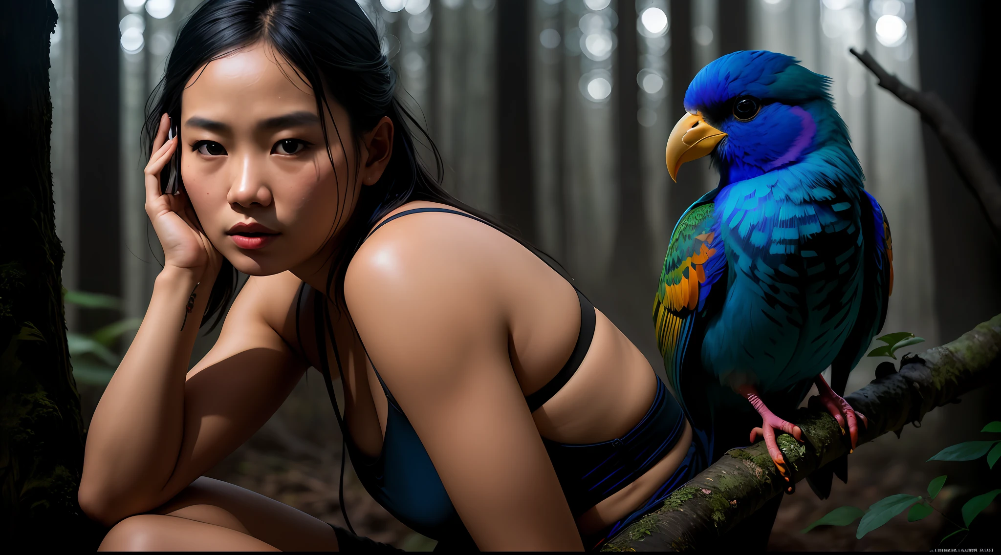 Young Thai woman, (((colorful bird sitting on a branch, dark mysterious forest, dramatic lighting, dark photo, night))),, best quality, ultra high res, (photorealistic:1.4),, high resolution, detailed, raw photo, sharp re, by lee jeffries nikon d850 film stock photograph 4 kodak portra 400 camera f1.6 lens rich colors hyper realistic lifelike texture dramatic lighting unrealengine trending on artstation cinestill 800,, photorealistic, photo, masterpiece, realistic, realism, photorealism, high contrast, photorealistic digital art trending on Artstation 8k HD high definition detailed realistic, detailed, skin texture, hyper detailed, realistic skin texture, armature