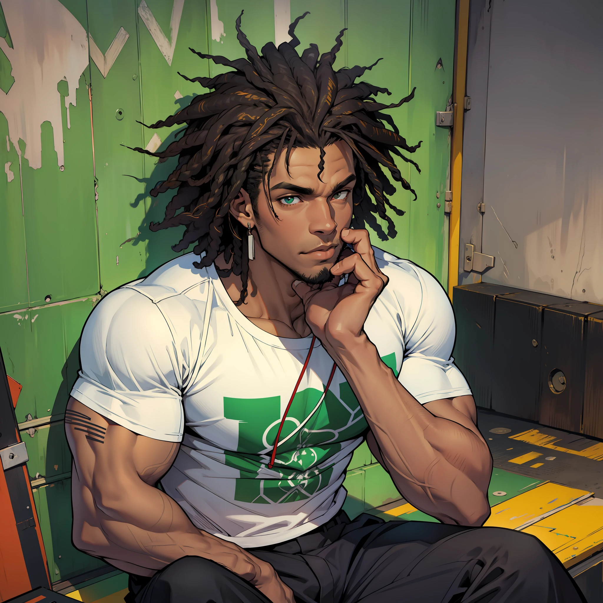 Homem alto, forte, cor de pele escura, cabelo afro, camiseta verde, terno, black pants, musculoso, olhar serio