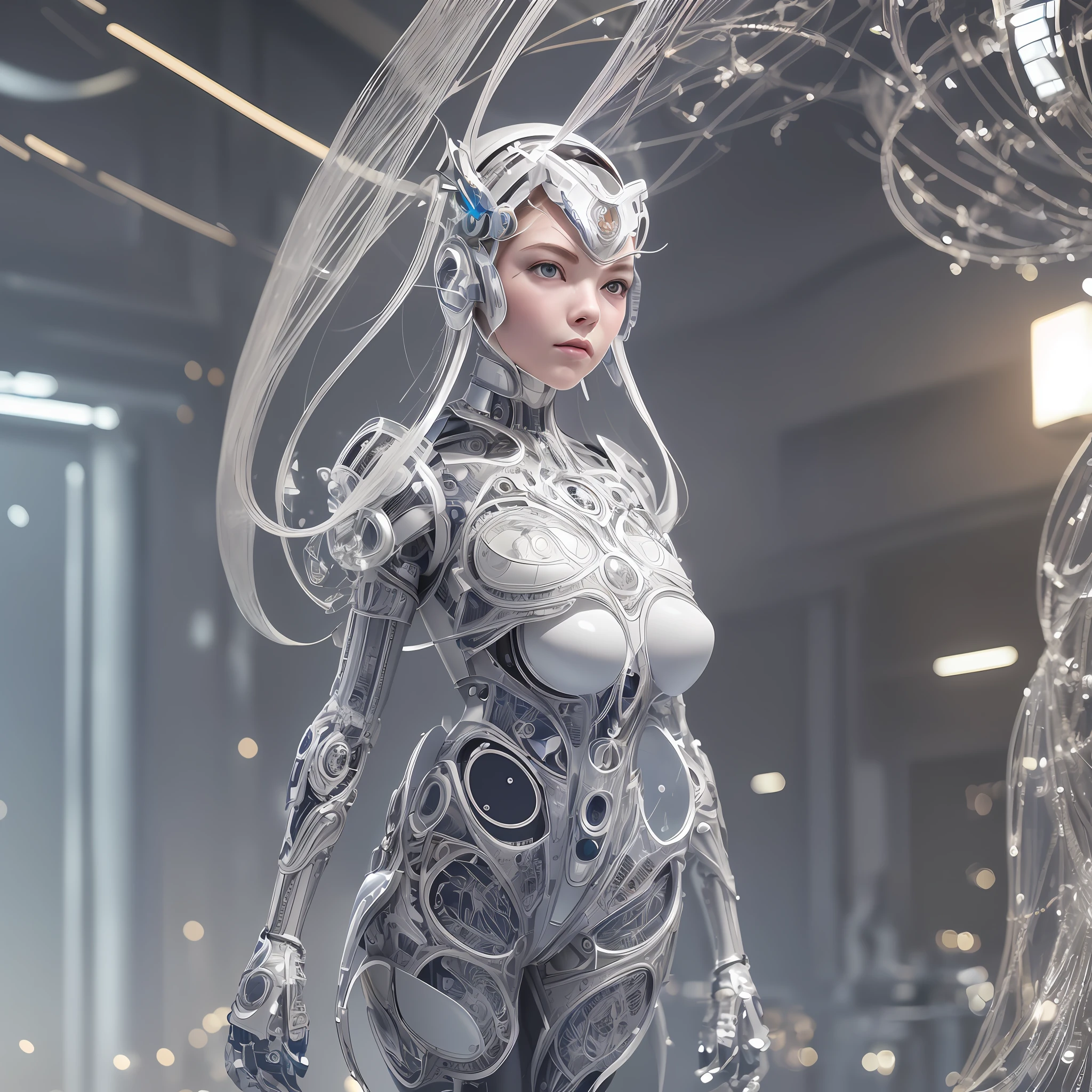 ultra detailed complex 3d rendering of a gorgeous porcelain profile face of Anya Taylor Joy, cyborg, robotic parts, full body, 150 mm, beautiful soft studio light, rim light, vibrant details, luxurious cyberpunk, lace, hyper-realistic, anatomical, facial muscles, electrical cables, microchip, elegant, beautiful background, octane rendering, HR Giger style, 8k, best quality, masterpiece, illustration, extremely delicate and beautiful, extremely detailed, CG, unit, wallpaper, (realistic, photorealistic: 1.37), amazing, finely detailed, masterpiece, best quality, official art, 8k unit wallpaper CG extremely detailed, absurd, incredibly absurd, robot, silver helmet, full body, standing