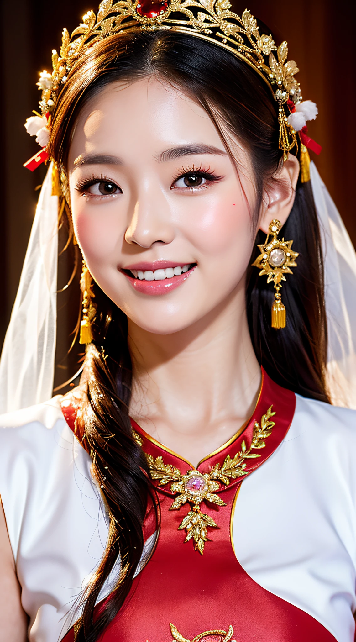 (8k, RAW Photo, Best Quality, Masterpiece: 1.2), (Realistic, Realistic: 1.37), 1 Girl, Aalfite Woman Posing for Photo in Red Dress and Headdress, Gorgeous Role Play, Beautiful Costume, Intricate Fantasy Dress, Beautiful Fantasy Queen, Chinese Dress, Complex Dress, Complex Costume, Traditional Beauty, Gorgeous Chinese Model, Chinese Costume, Wearing Gorgeous Costume, Wearing Elegant Chinese Xiuhe Dress, Chinese Wedding Dress, Phoenix Crown Xia Hanging, Antique Bride, Xiuhe Dress, Close-up, close-up, head wearing a phoenix crown, smiling