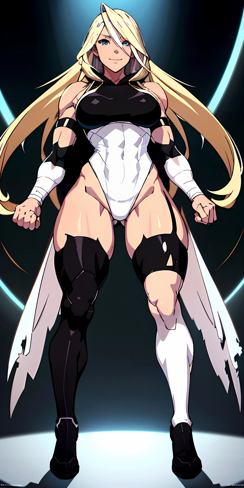 anime waifu bodybuilder, beautiful face, smiling face, perfect body, fit body, looking at the viewer, posing with strong arms, abdomen, large breasts, muscular, ((hair) long and blonde), ((clothing) white color tight swimsuit, torn), (torn cape at the tip covering the body of black color, and hood covering the head of black color), character A2,  (white and torn bandages on the arms and legs), image taken from below, focus on the legs, high quality