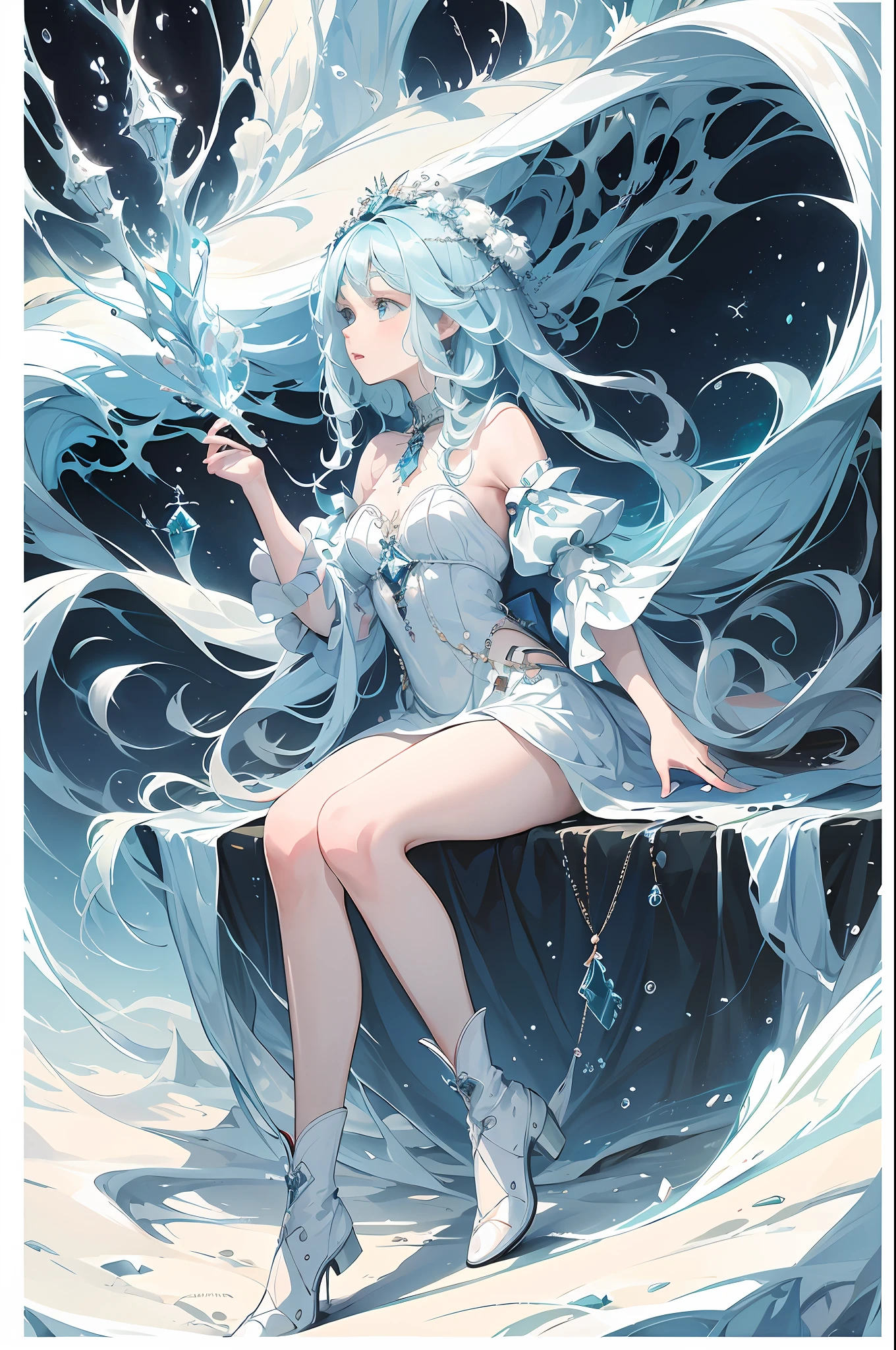 (Masterpiece, Top Quality, Best Quality, Official Art, Beauty and Aesthetics: 1.2), (1girl: 1.3), (Fractal Art: 1.3), Vibrant, Aqua Blue Eyes, Medium Hair with Tassels, Full Body, White Boots