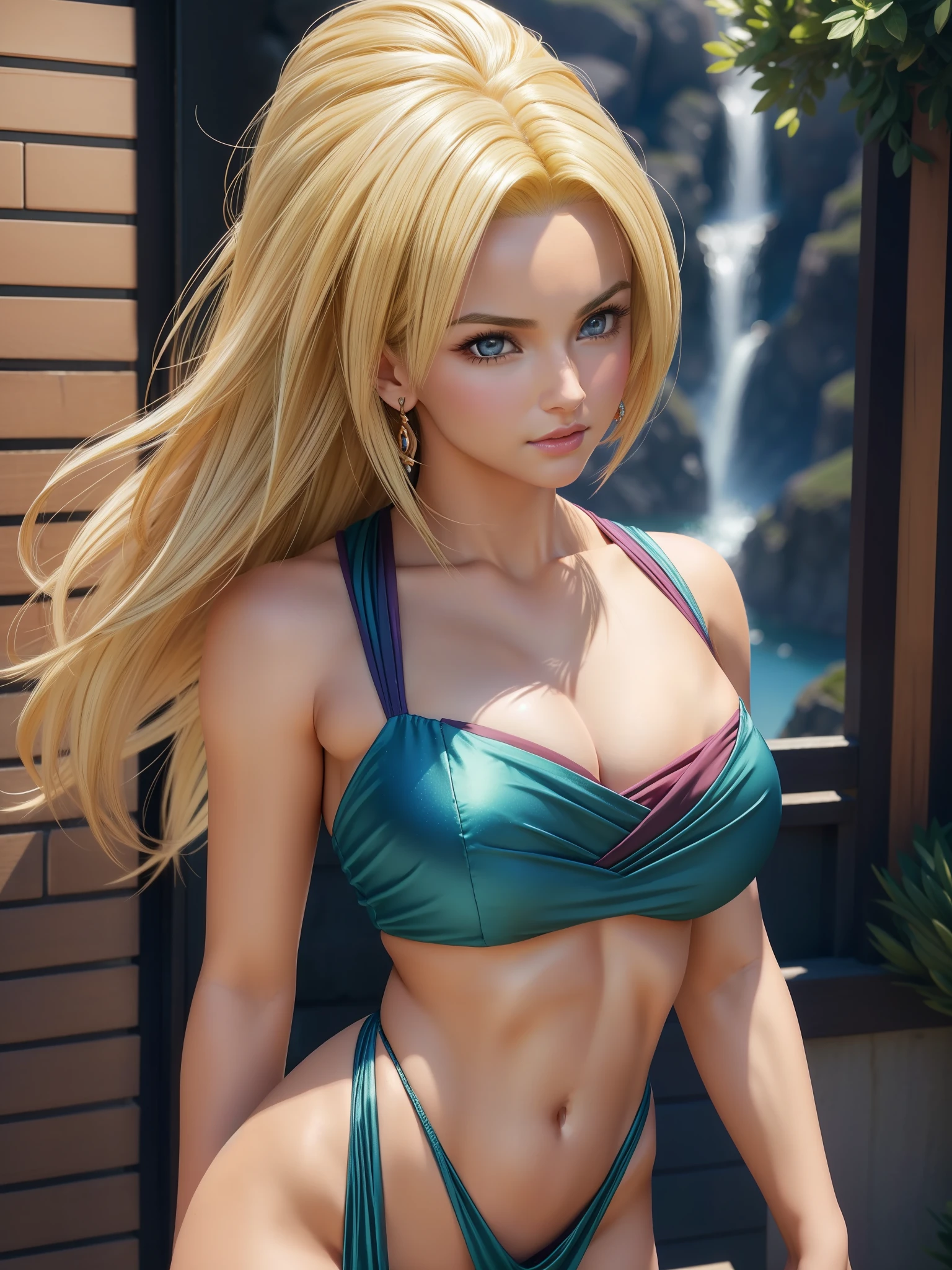 (caulifla from dragon ball movie:1.3), 1girl, closed mouth, female focus, muscular, muscular female, rock, sash, serious, solo, spiked hair, ultra instinct, (masterpiece, best quality, extremely detailed 8k, ultra hd, ultra-detailed, highly detailed, highly realistic, photo realistic), (1girl:1.5), (beautiful realistic face, detailed realistic face), (high detailed realistic natural blonde hair, beautiful realistic hairstyle), (beautiful realistic eyes, high detailed realistic tosca green eyes, proportional eyes, realistic pupils, high detailed pupils), (high detailed realistic natural eyebrows), (high detailed realistic lips, beautiful realistic lips, pink lipsticks), (upper body from head to thighs, slender body:1.5), highly detailed realistic skin, sharp focus, outdoor, mountain, snow,