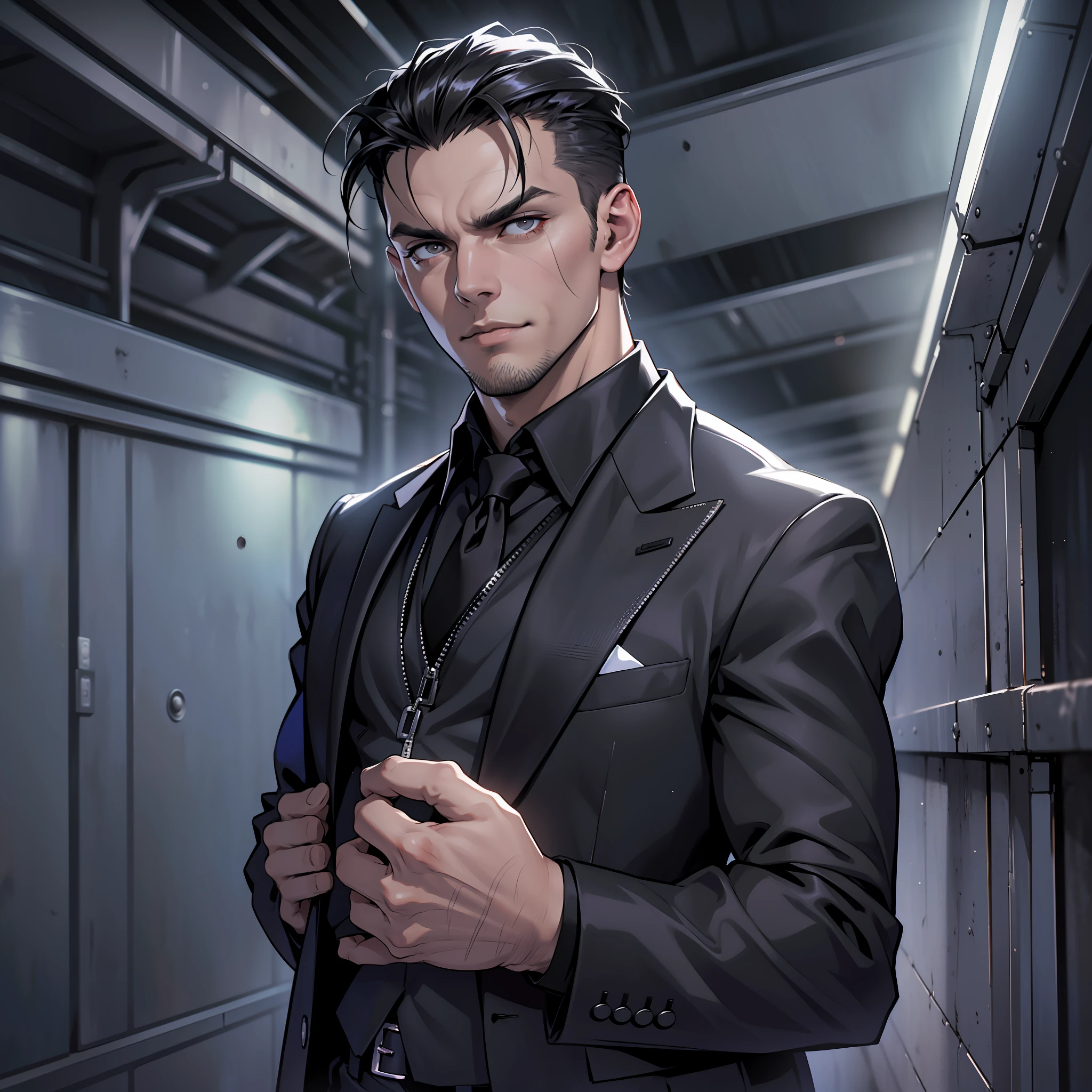 (extremely detailed 8k wallpaper), dark theme, Vampire the Masquerade, adult theme, modern horror, realistic, 2020s, handsome man, wearing black suit, sharp focus, (subsuperficial scattering:1.1), award-winning photograph, centered face, (Mark Salling's face), full body photo:1.1, very short black hair, black eyes:1.2, serious, scary expression, in an airport shed at night, near private plane, dramatic lighting