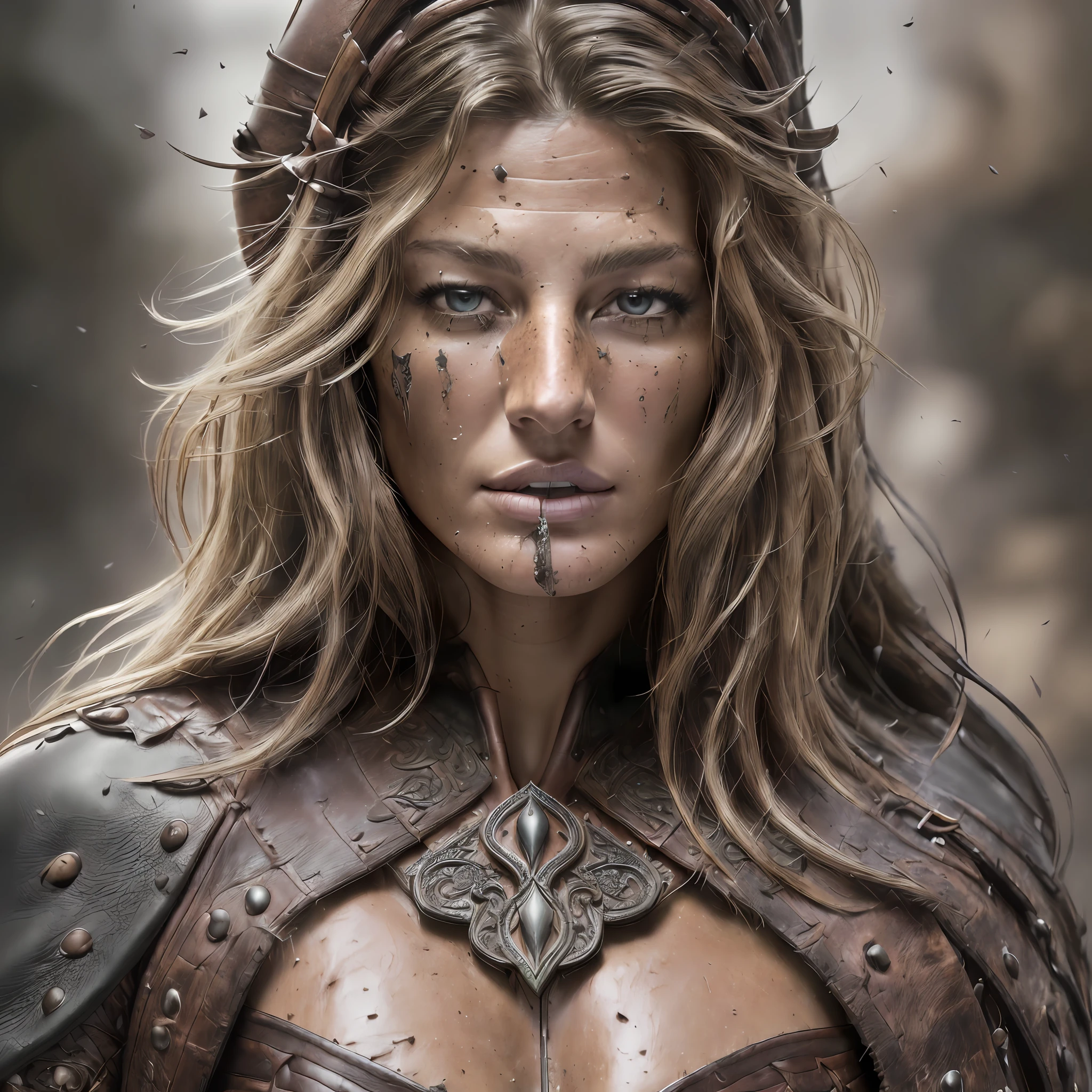 ((Gisele Bündchen, Adriana Lima)), photo of the most beautiful artwork in the world featuring soft lustrous, ((epic heroic fantasy beautiful woman with long hair wet wounded angry looking with long hair and fierce looking in a dynamic posture)), chest, full face,( dark background:1.4) (epic realistic, hdr, intricate details, hyperdetailed, cinematic, rim light, muted:1.5), ((fantastic location, majestic cluttered environment)), skin pores, very dark lighting, heavy shadows, detailed, detailed face, (photo realistic, dramatic, dark, sharp focus, 8k), (weathered damaged old worn leather outfit:1.5), (intricate:1.4), decadent, (highly detailed:1.4), octane render, sharp focus, heavy rain, particles floating --auto --s2