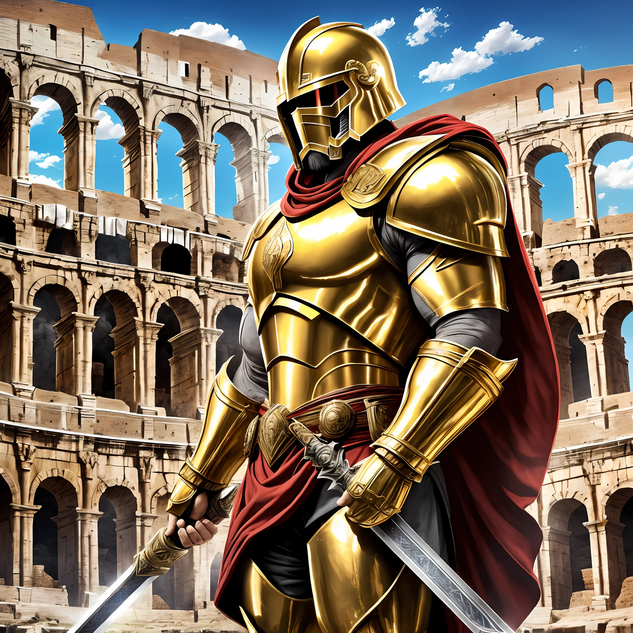 Gigantic, Swole, Muscular, Imperial Soldier, Wearing Golden Armor with Large Shoulder Pads, Spartan Helmet, Red Cloak, Holding a Large Magic Sword, Standing in Colosseum, Sky, Daylight, Crowd, Full HD, Best Quality