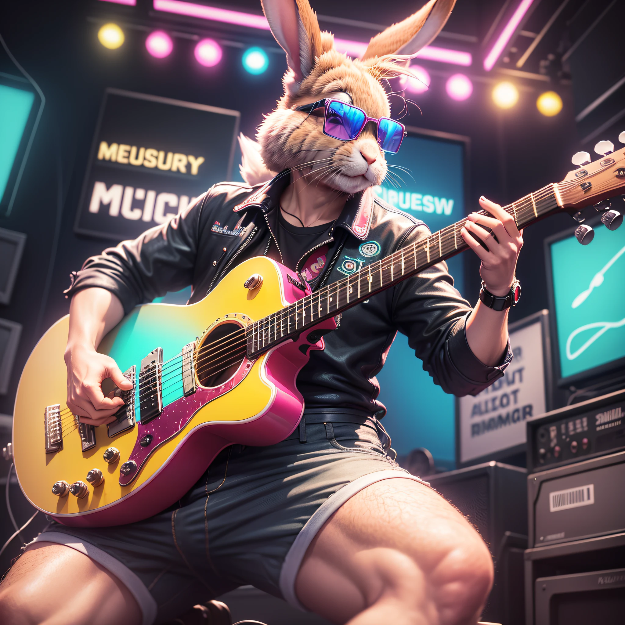 A super realistic 3D rabbit, playing guitar, on a big stage, in sunglasses and retro neon lights, a big screen behind with the phrase written: "Rabbit Music Shop". --auto --s2