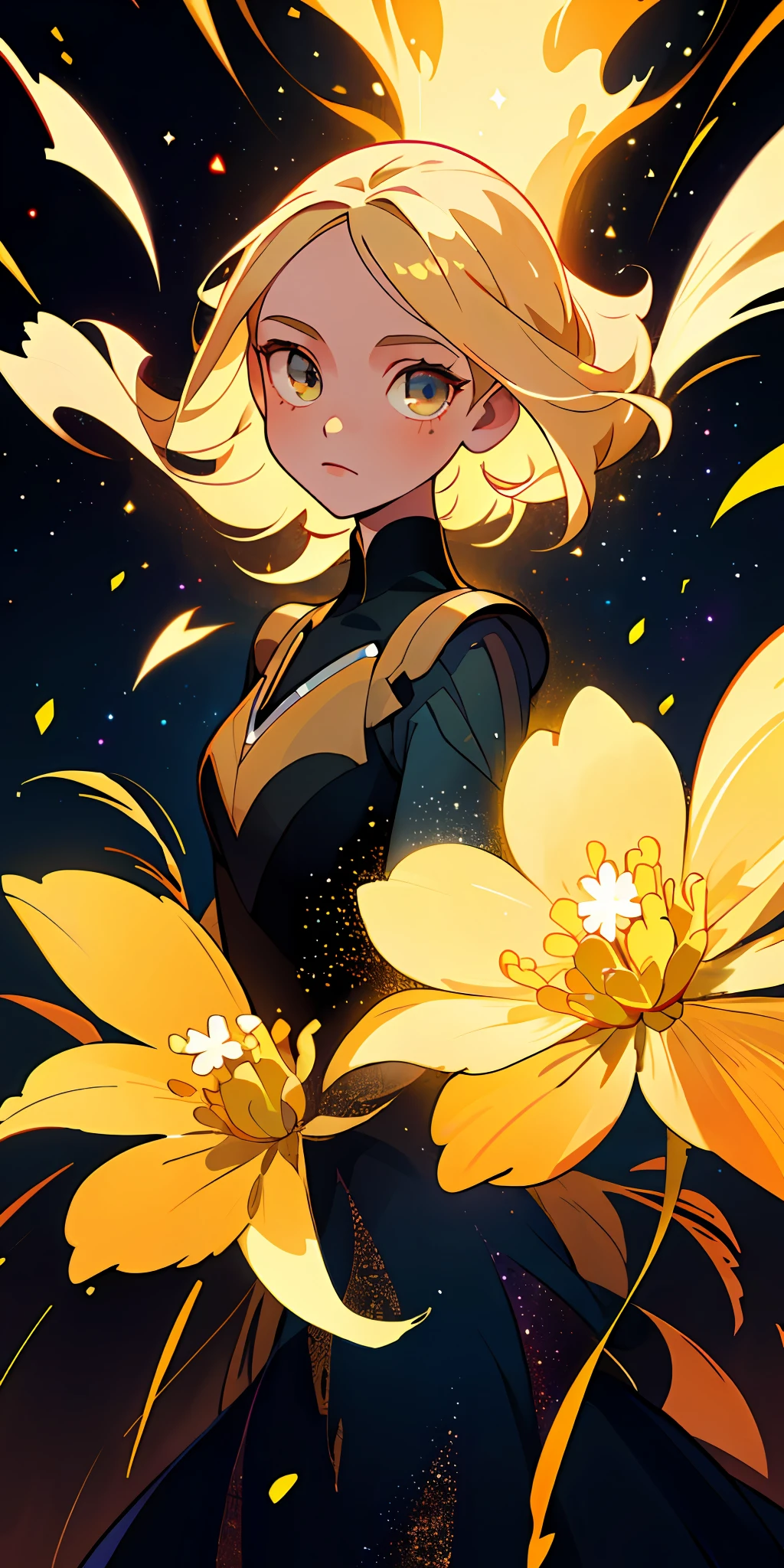 (best quality, masterpiece), 1girl, galaxy, glitter, dress, particle, wind, flower, upper body, dark simple background, looking at viewer, blonde,
