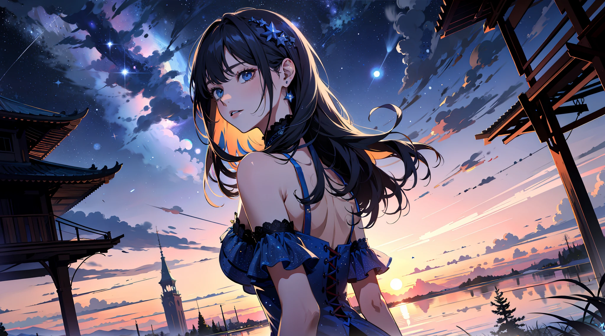 wallpaper, ridiculous resolution, high resolution, (masterpiece:1.4), super detailed, stars, seen from above, space, floating, night, delicate blue loght, --v 6