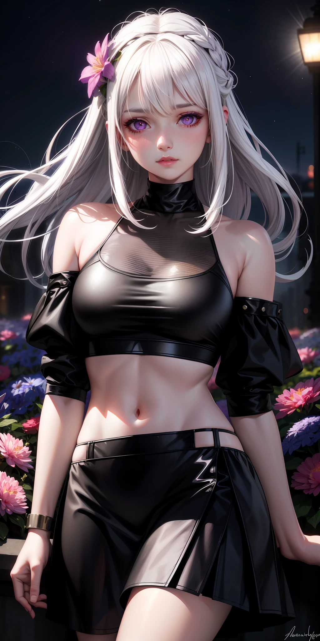 realistic, 1girl, white hair, purple eyes, glowing eyes, crop top, skirt, parted lips, blush, night, flowers, sun, sunlight,